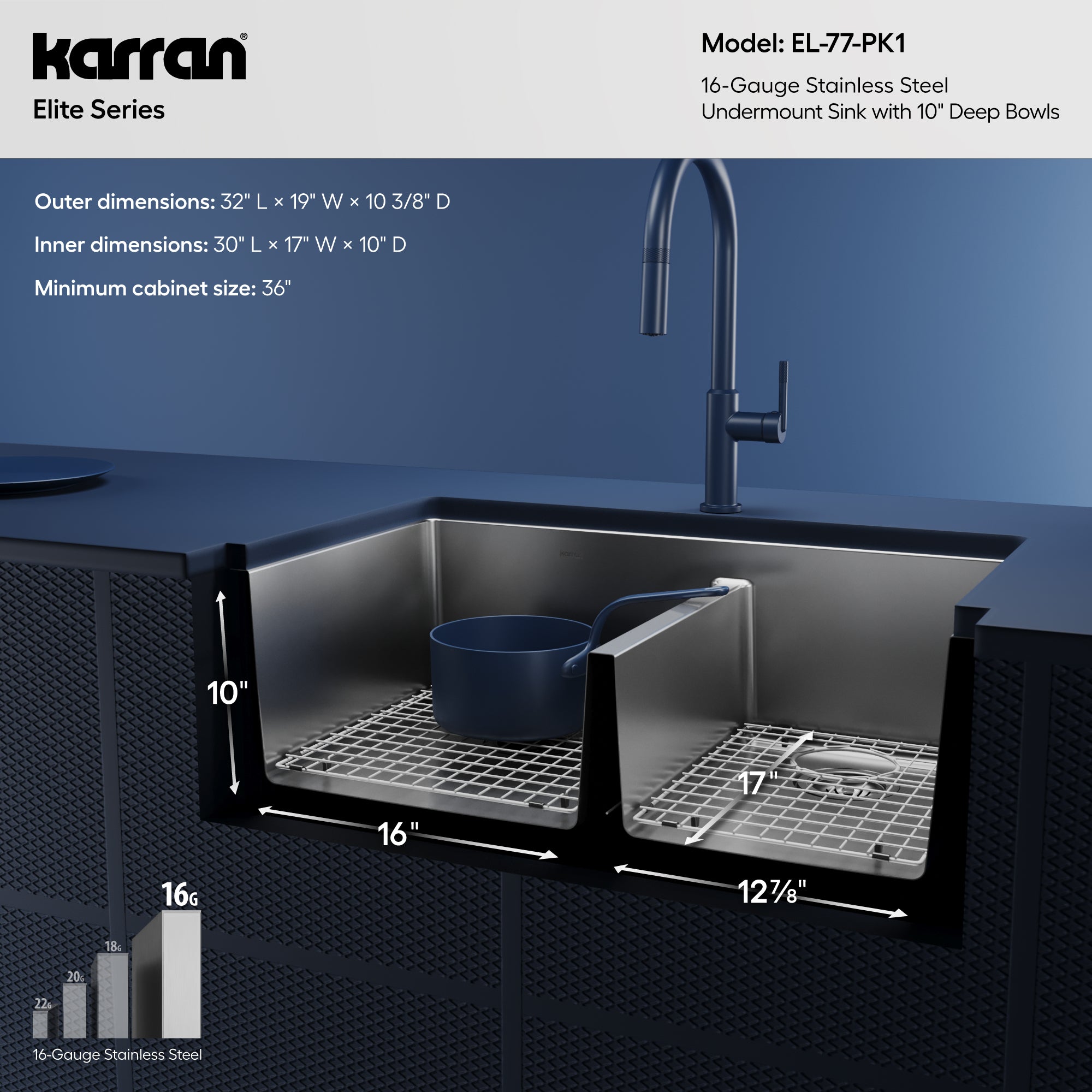 Alternative View of Karran 32" Undermount Stainless Steel Kitchen Sink with Accessories, 60/40 Double Bowl, 16 Gauge, EL-77-PK1