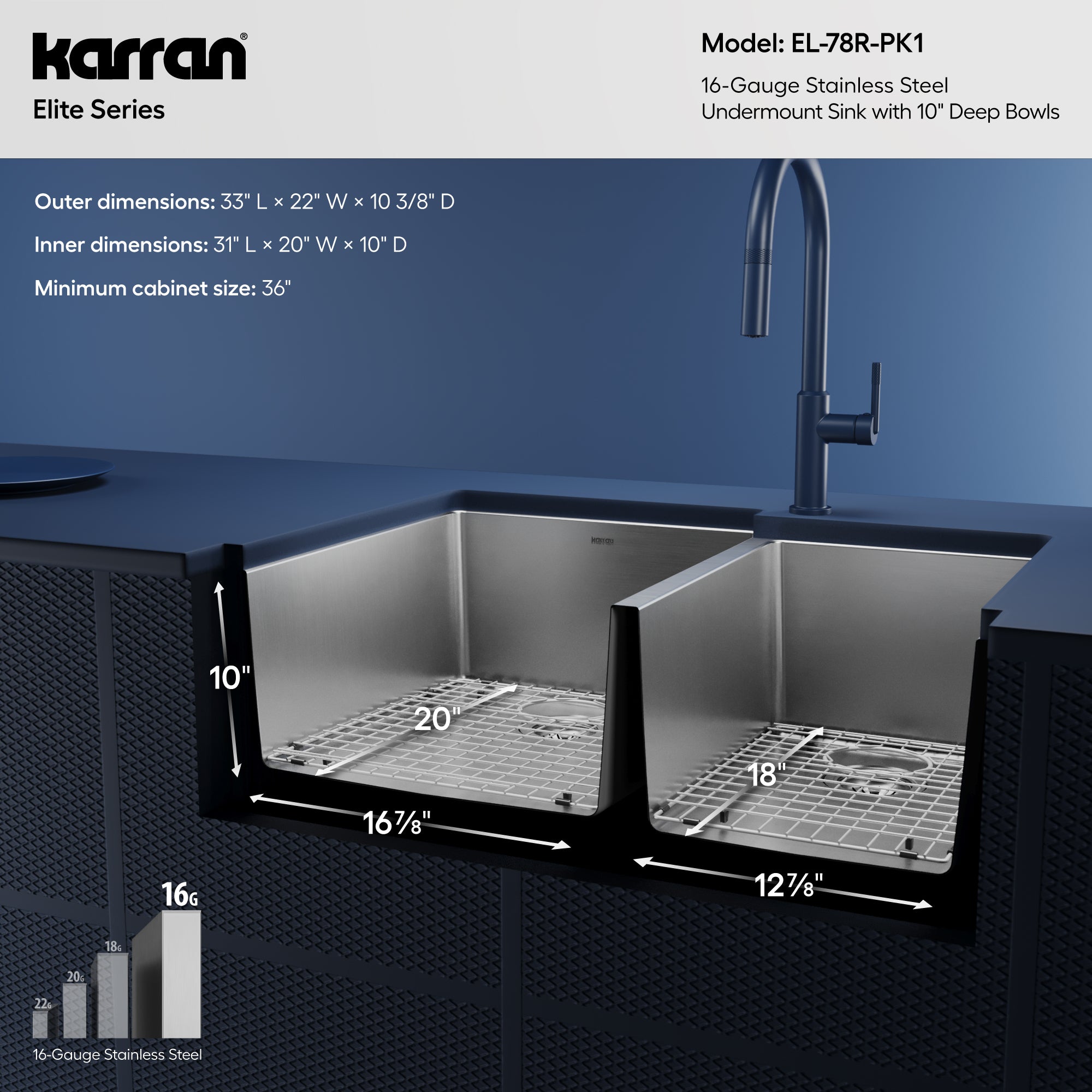 Alternative View of Karran Elite 33" Undermount Stainless Steel Kitchen Sink with Accessories, 60/40 Double Bowl, 16 Gauge, EL-78R-PK1