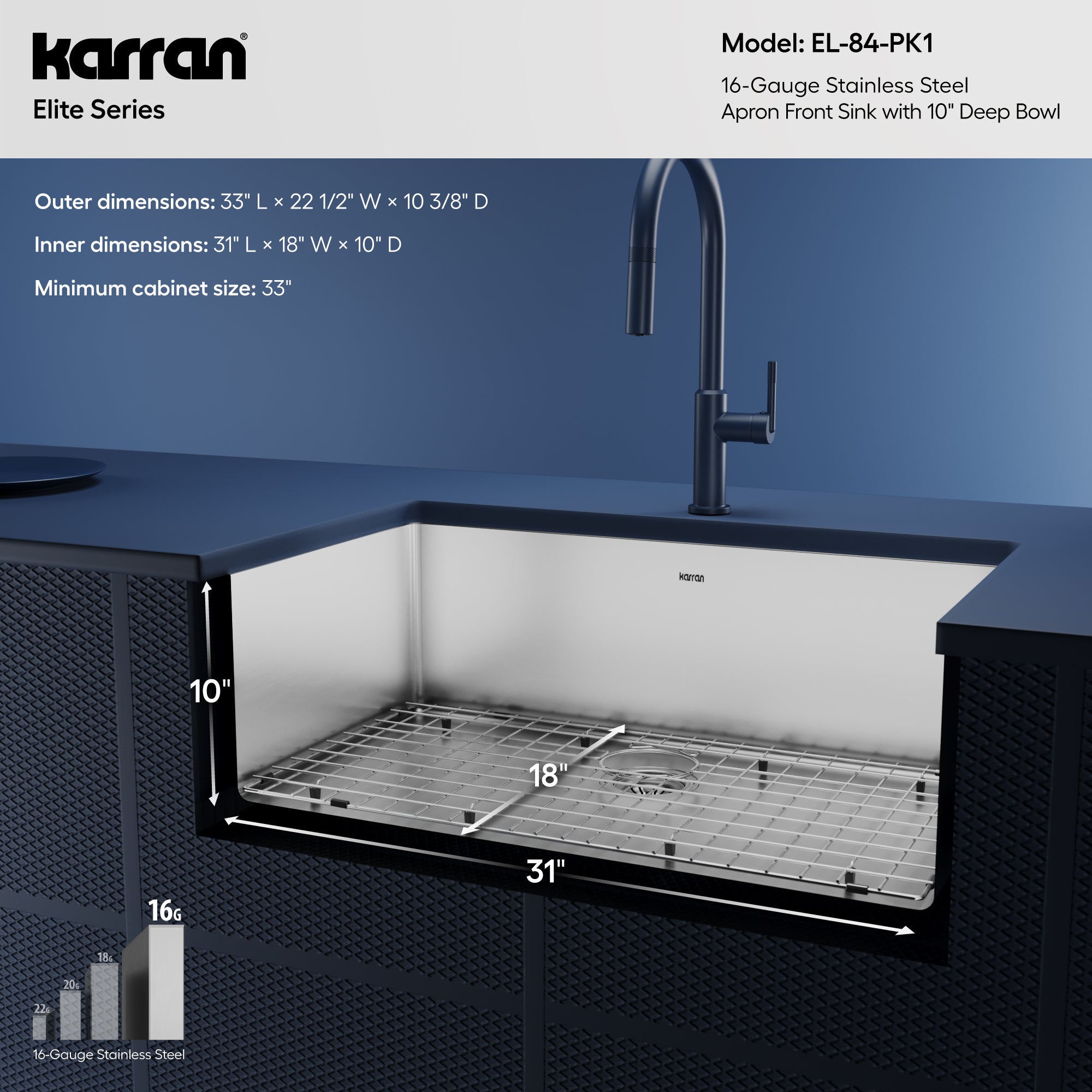 Alternative View of Karran 33" Stainless Steel Farmhouse Sink, 16 Gauge, EL-84-PK1