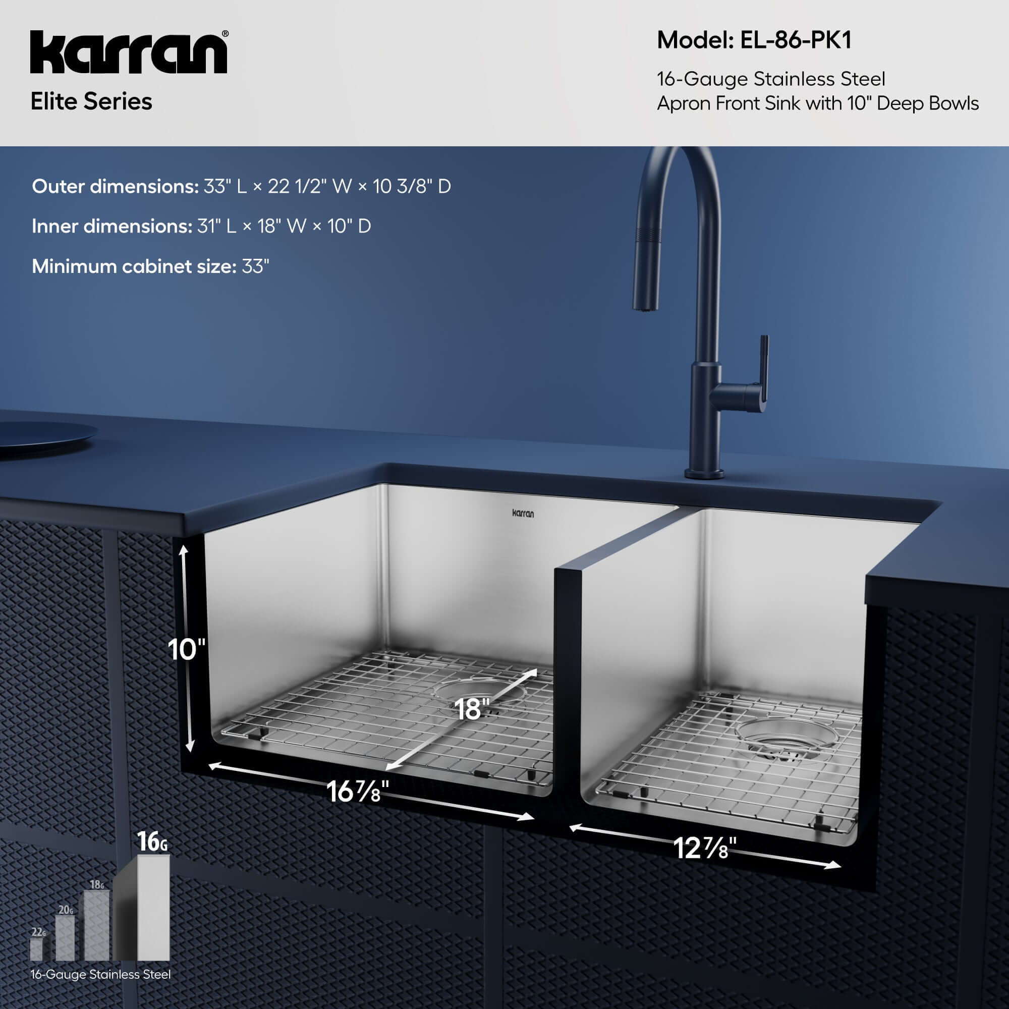 Alternative View of Karran 33" Stainless Steel Farmhouse Sink with Accessories, 60/40 Double Bowl, 16 Gauge, EL-86-PK1