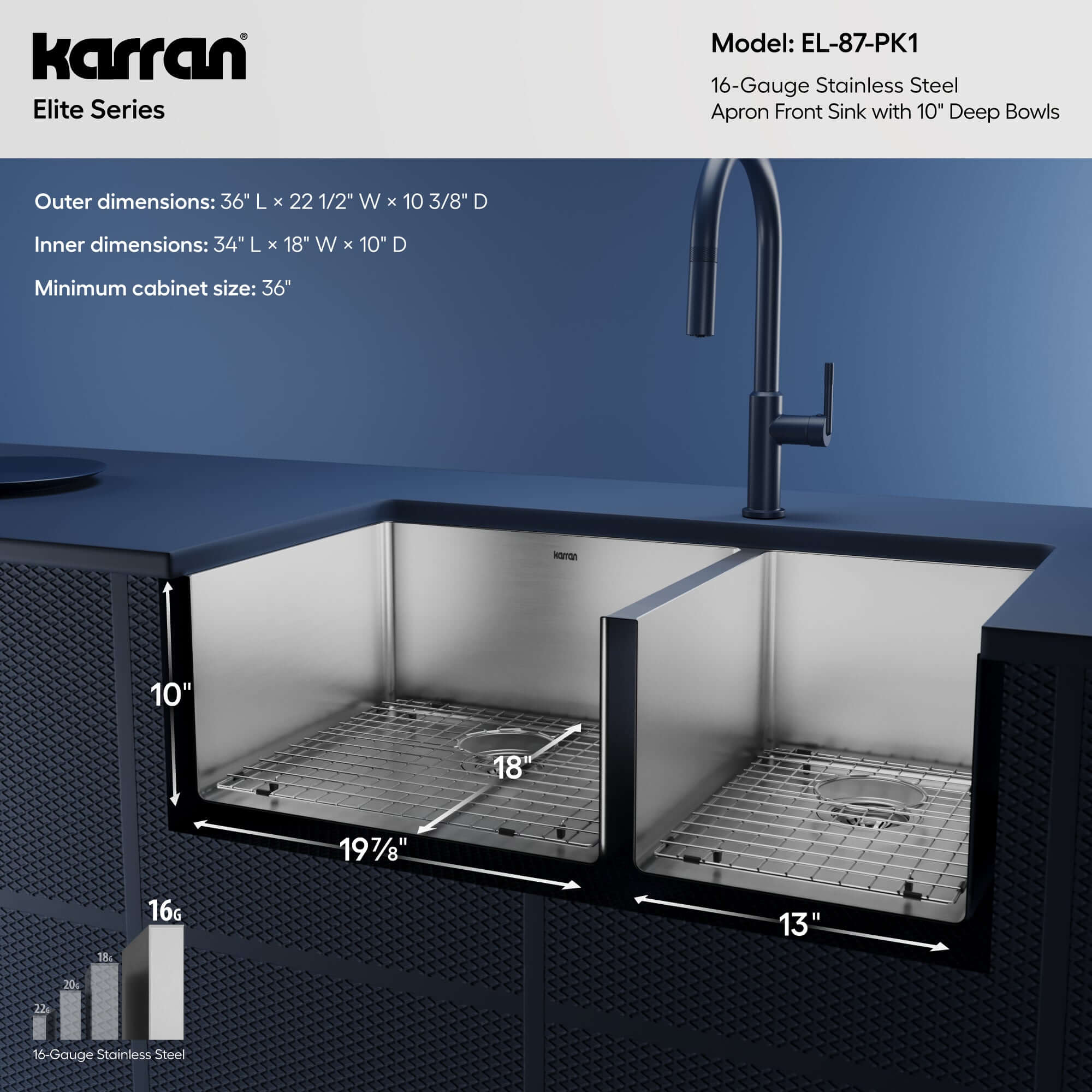 Alternative View of Karran 36" Stainless Steel Farmhouse Sink with Accessories, 60/40 Double Bowl, 16 Gauge, EL-87-PK1