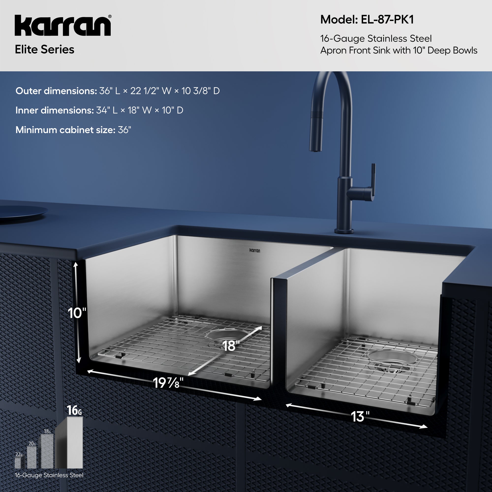 Alternative View of Karran 36" Stainless Steel Farmhouse Sink with Accessories, 60/40 Double Bowl, 16 Gauge, EL-87-PK1