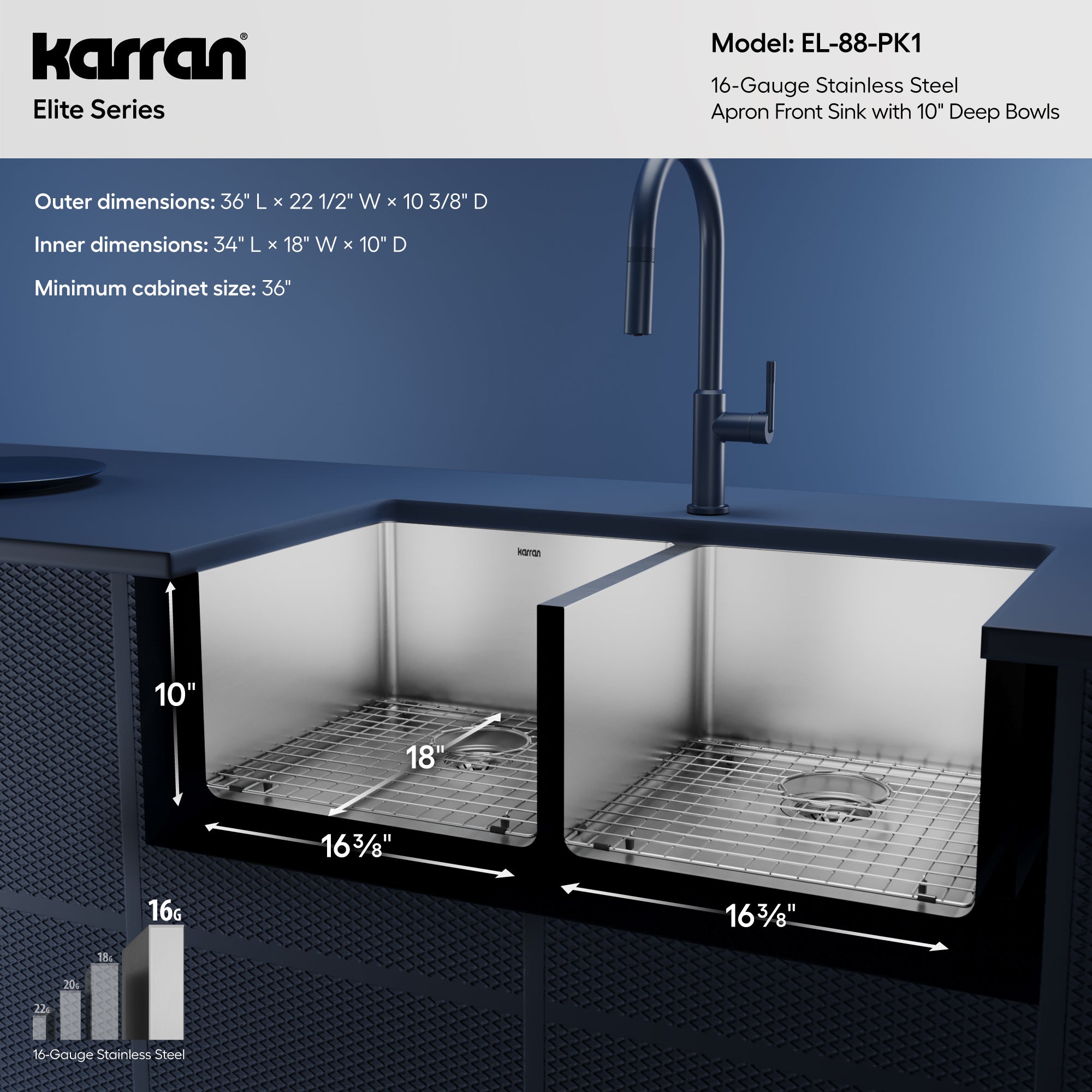 Alternative View of Karran Elite 36" Stainless Steel Farmhouse Sink with Accessories, 50/50 Double Bowl, 16 Gauge, EL-88-PK1
