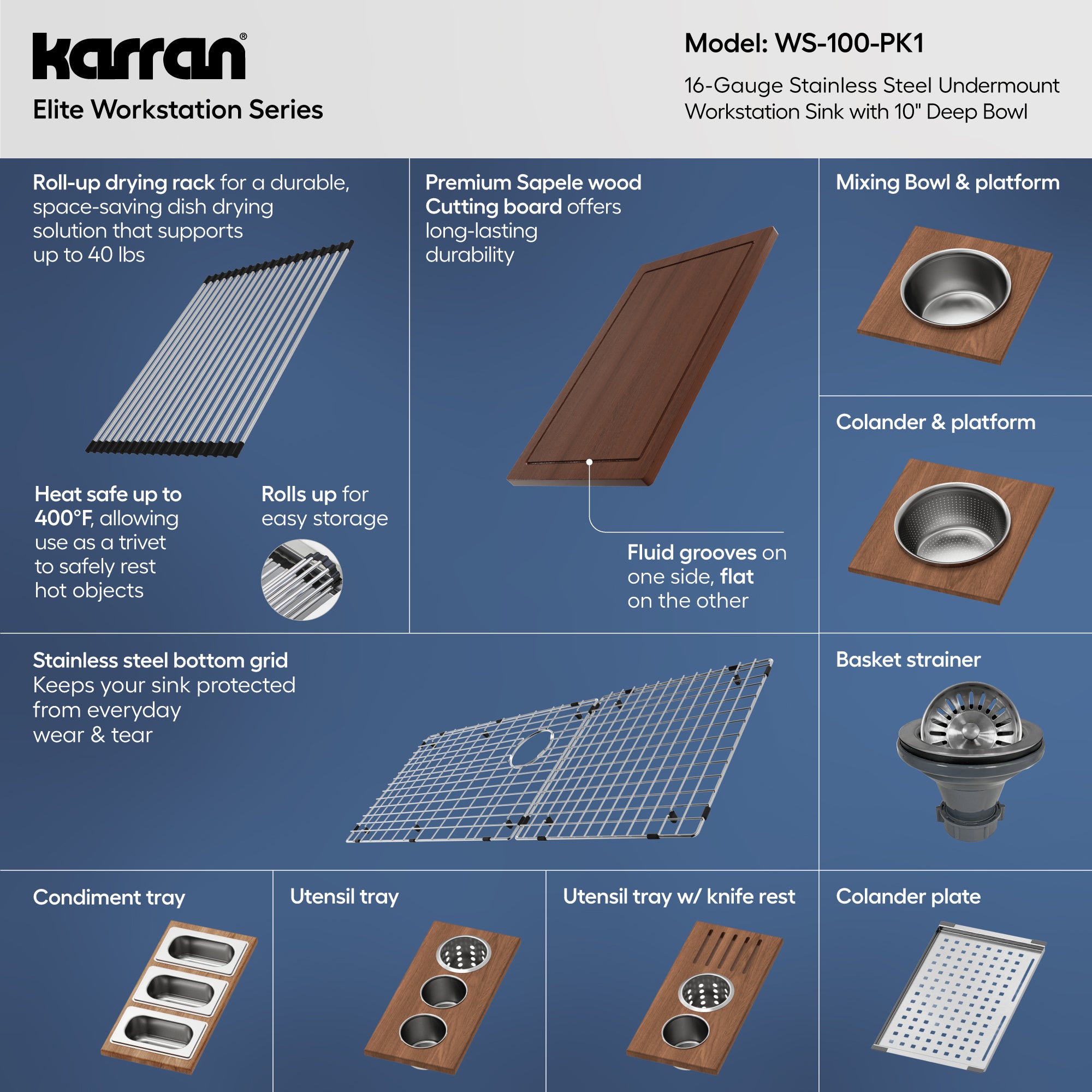 Alternative View of Karran 45" Undermount Stainless Steel Workstation Kitchen Sink with Accessories, 16 Gauge, WS-100-PK1
