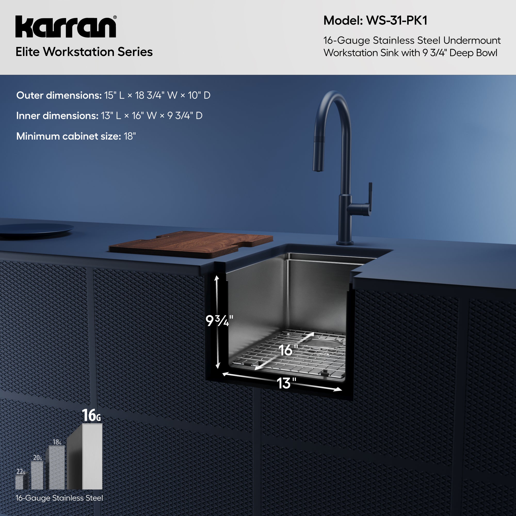 Alternative View of Karran Elite Workstation 15" Undermount Stainless Steel Workstation Kitchen Sink with Accessories, 16 Gauge, WS-31-PK1