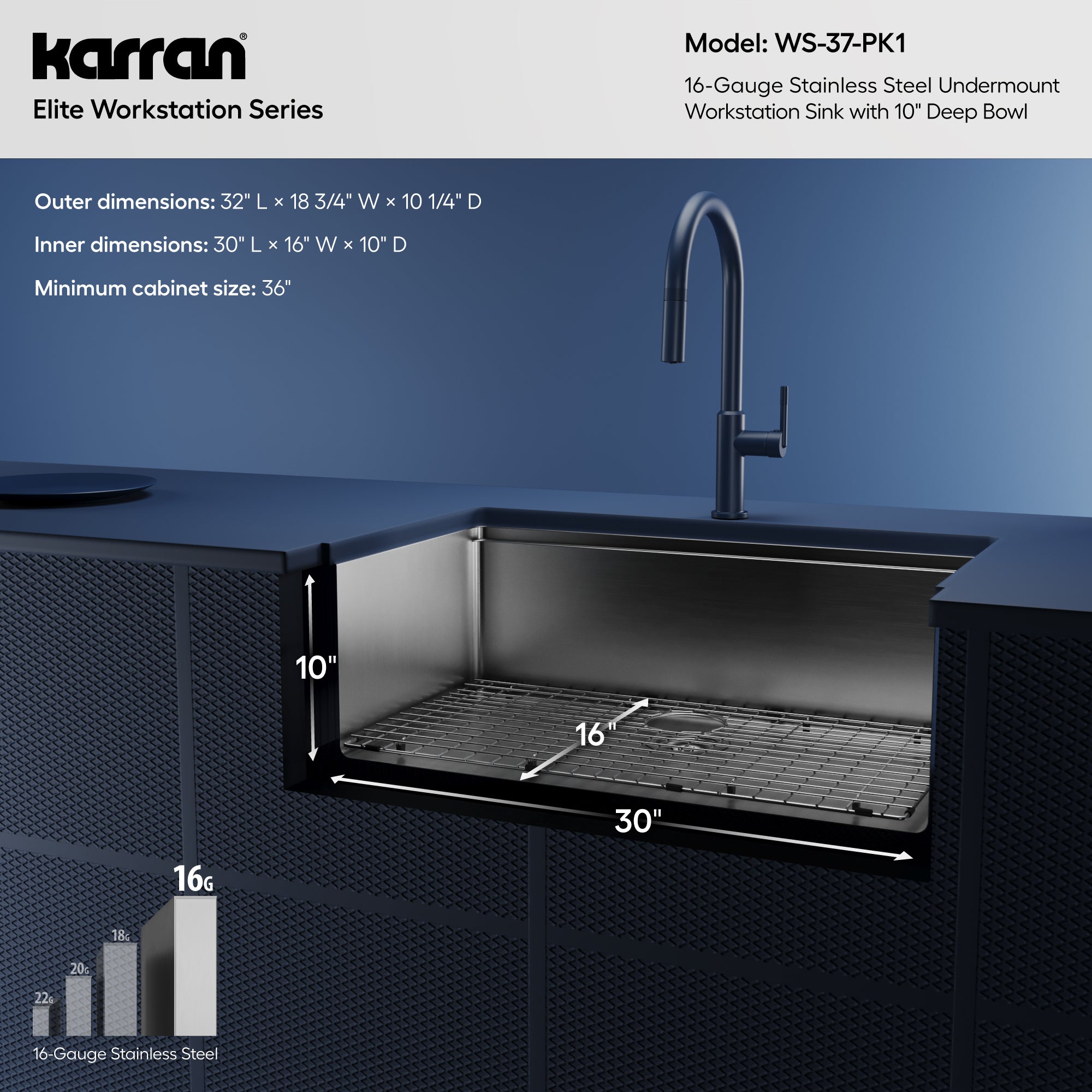 Alternative View of Karran Elite Workstation 32" Undermount Stainless Steel Workstation Kitchen Sink with Accessories, 16 Gauge, WS-37-PK1