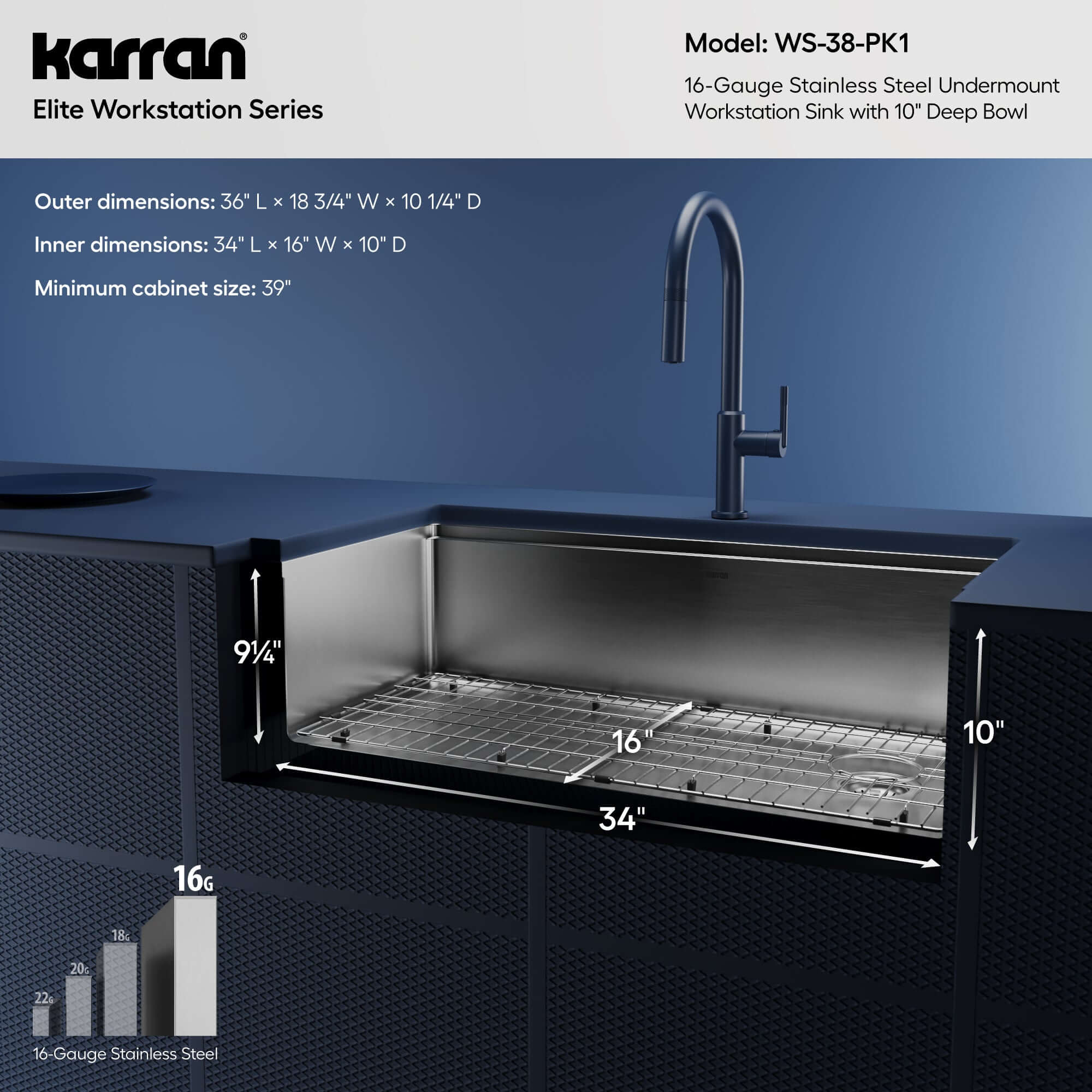 Alternative View of Karran Elite Workstation 36" Undermount Stainless Steel Workstation Kitchen Sink with Accessories, 16 Gauge, WS-38-PK1