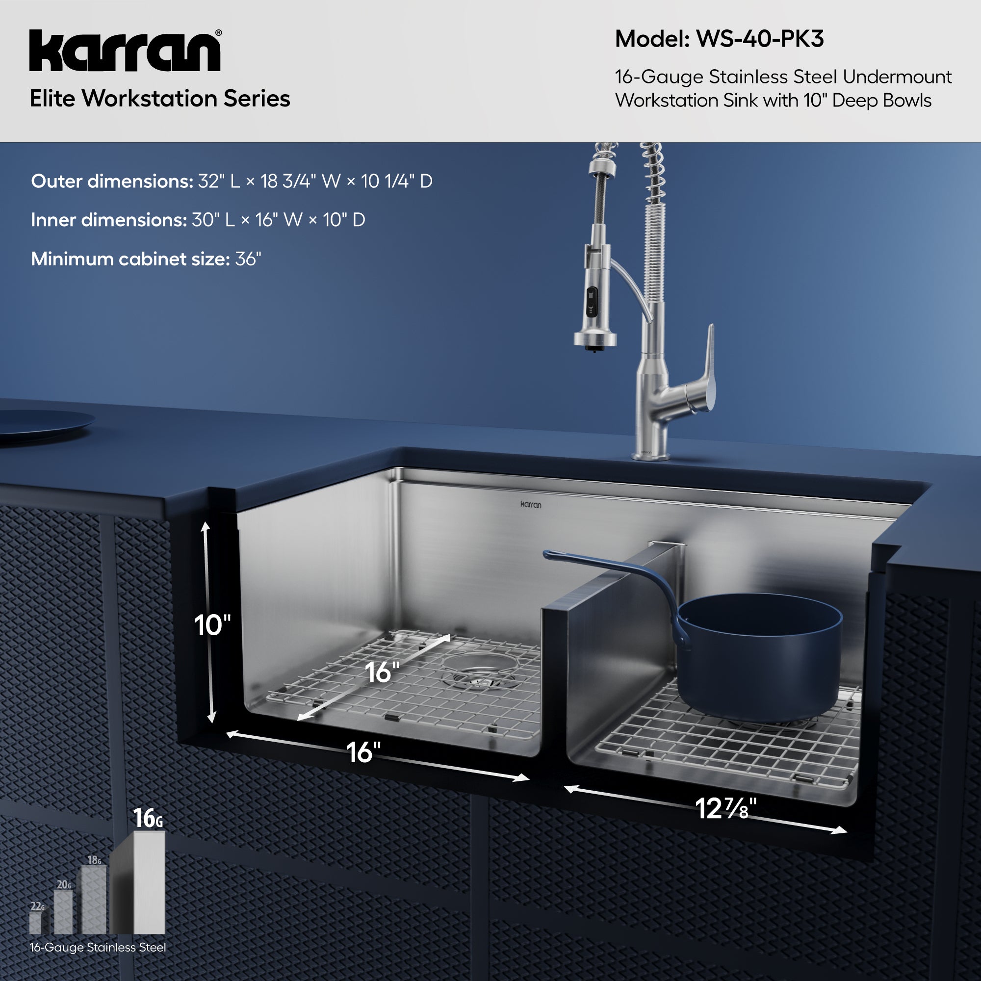 Karran elite workstation 32 stainless steel kitchen sink with faucet 60/40 double bowl informational image