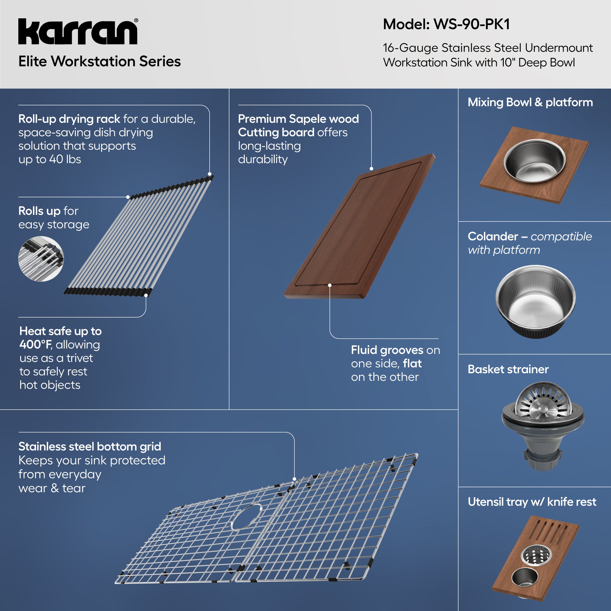 Alternative View of Karran Elite Workstation 45" Undermount Stainless Steel Workstation Kitchen Sink with Accessories, 16 Gauge, WS-90-PK1