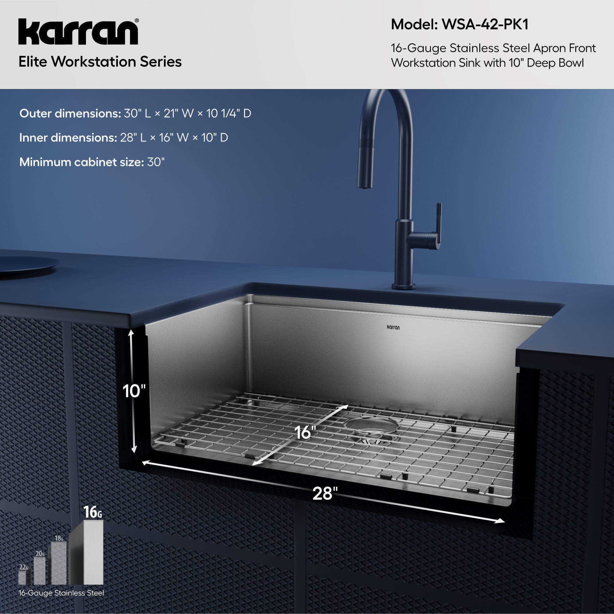 Alternative View of Karran Elite Workstation 30" Stainless Steel Workstation Farmhouse Sink with Accessories, 16 Gauge, WSA-42-PK1