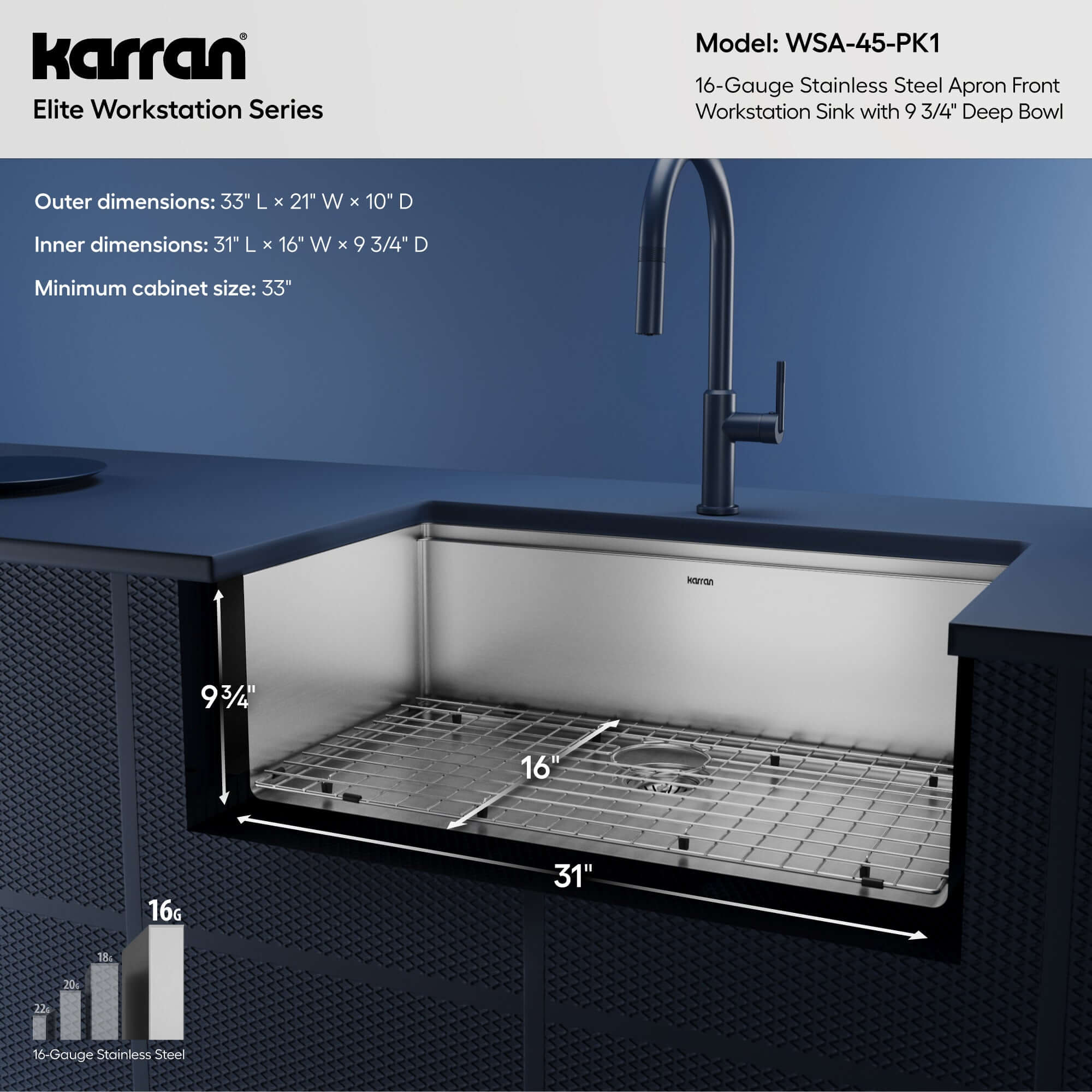 Alternative View of Karran Elite Workstation 33" Stainless Steel Workstation Farmhouse Sink with Accessories, 16 Gauge, WSA-45-PK1