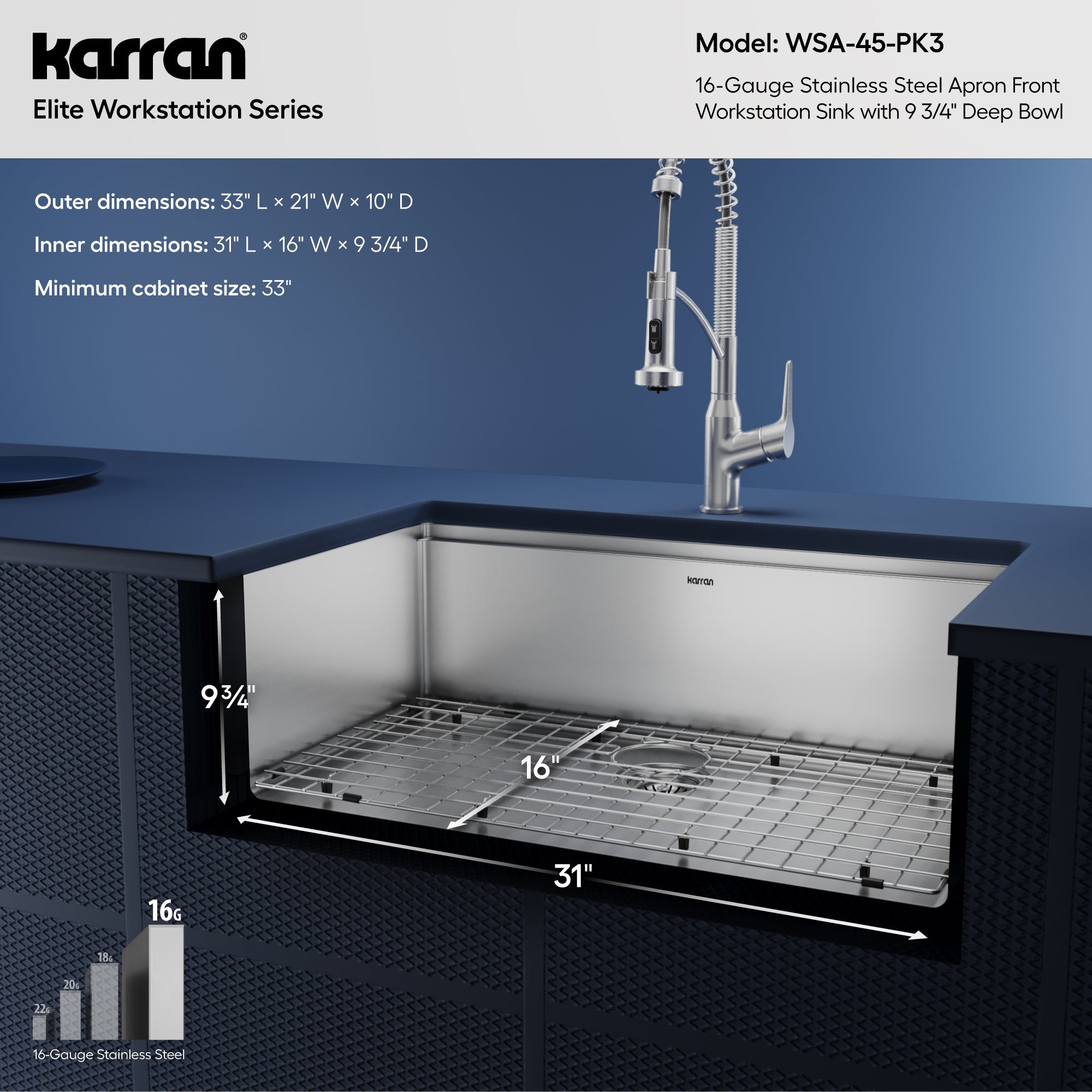 Karran elite workstation 33 stainless steel farmhouse sink with faucet informational image