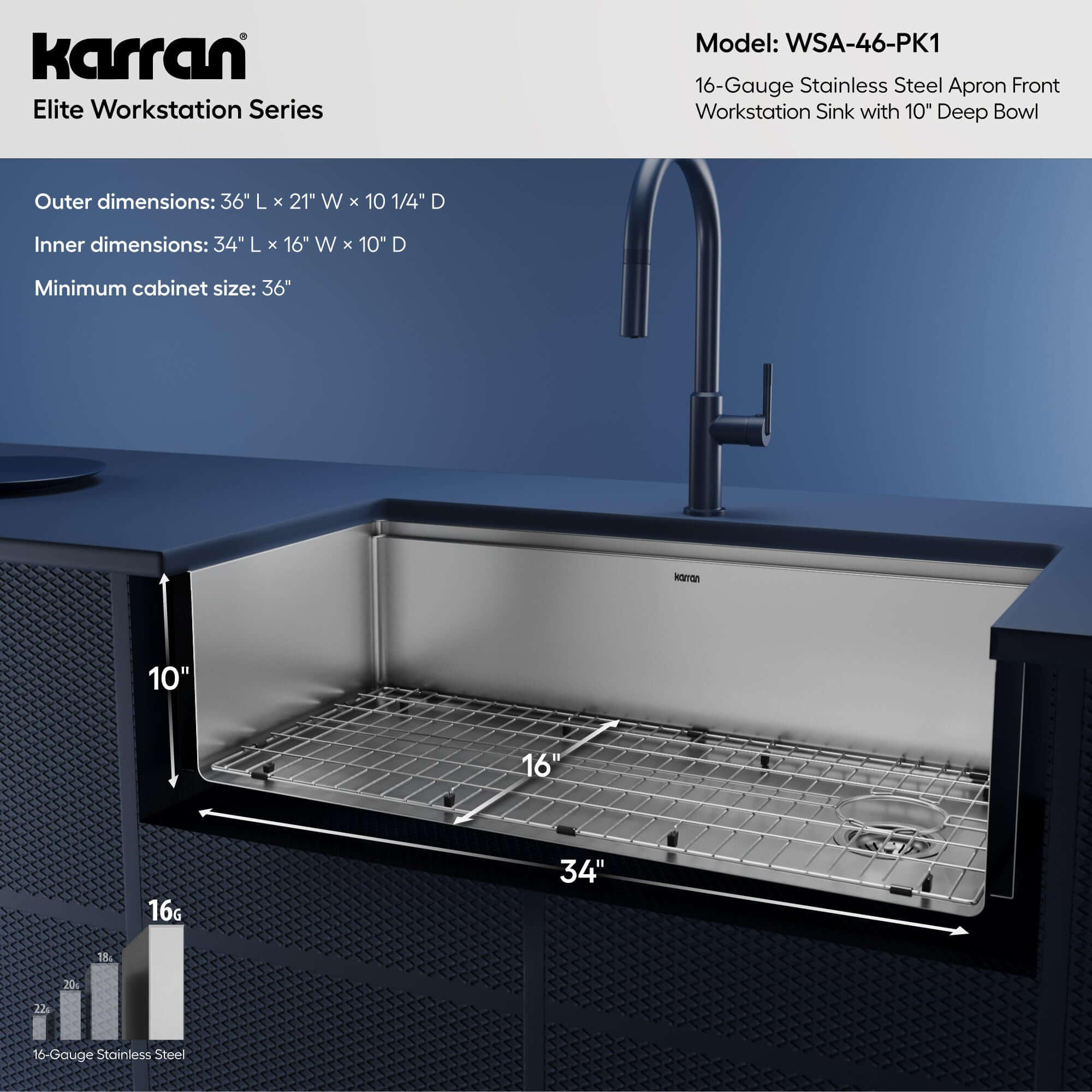 Alternative View of Karran Elite Workstation 36" Stainless Steel Workstation Farmhouse Sink with Accessories, 16 Gauge, WSA-46-PK1