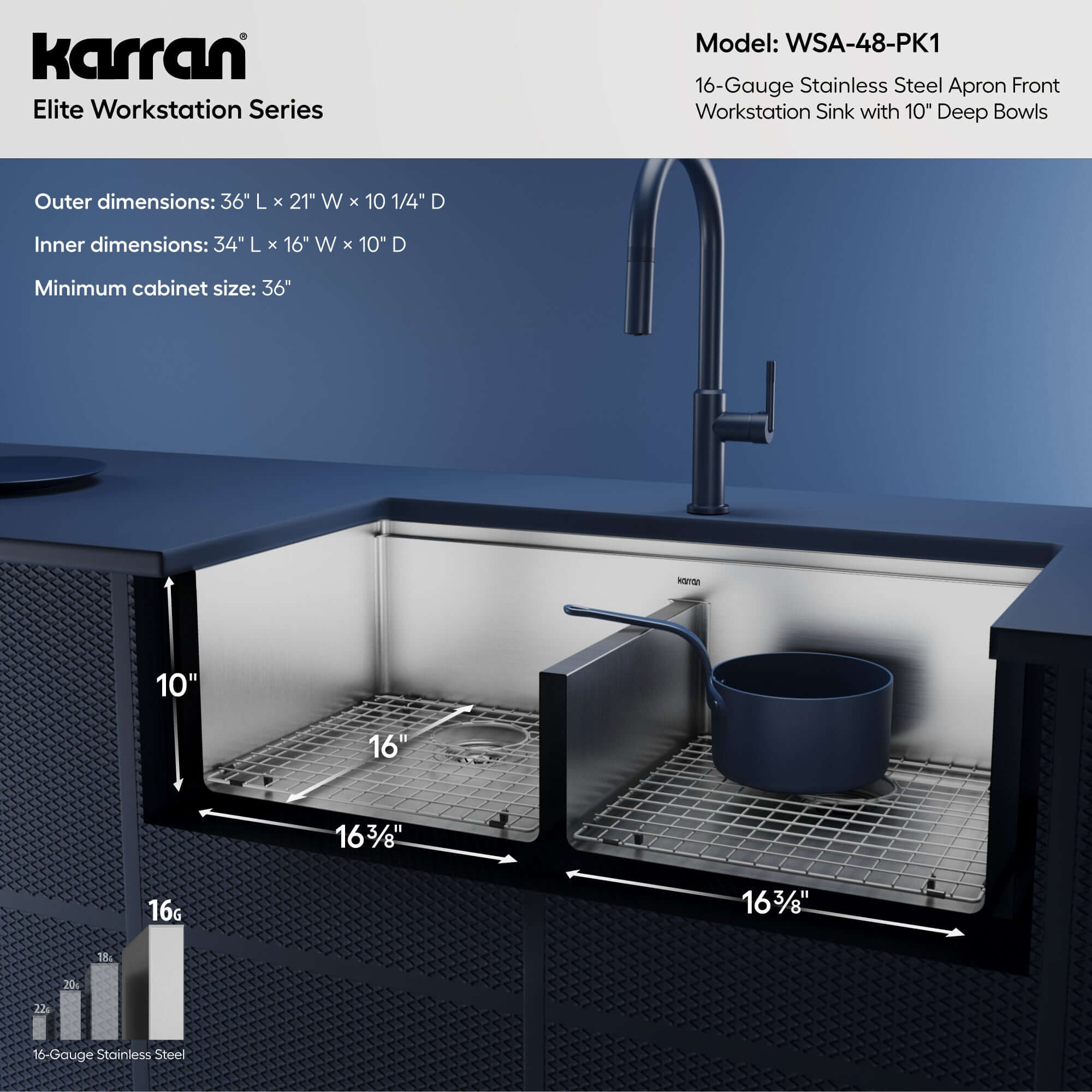 Alternative View of Karran Elite Workstation 36" Stainless Steel Workstation Farmhouse Sink with Accessories, 50/50 Double Bowl, 16 Gauge, WSA-48-PK1