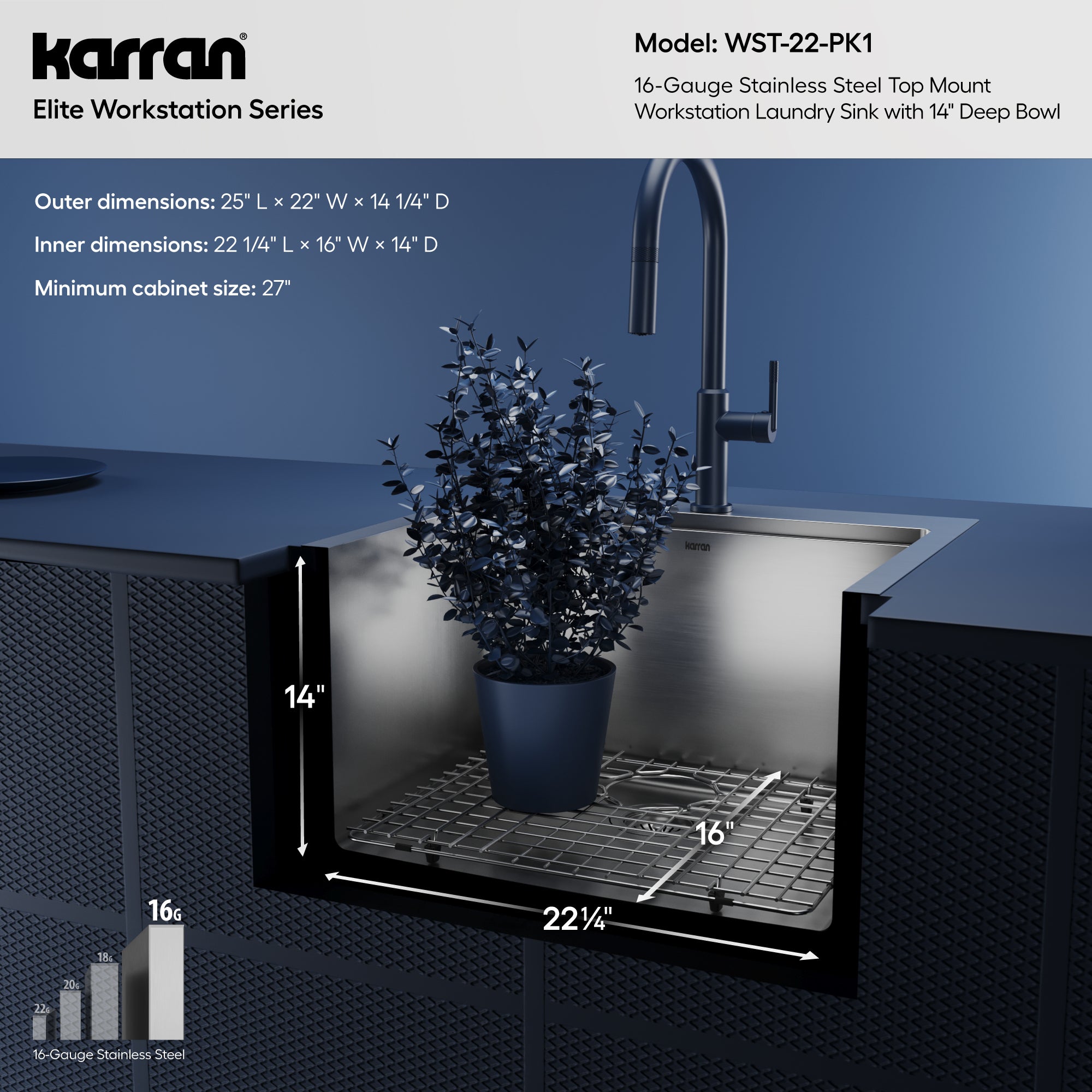 Alternative View of Karran Elite Workstation 25" Drop In/Topmount Stainless Steel Workstation Kitchen Sink with Accessories, 16 Gauge, WST-22-PK1