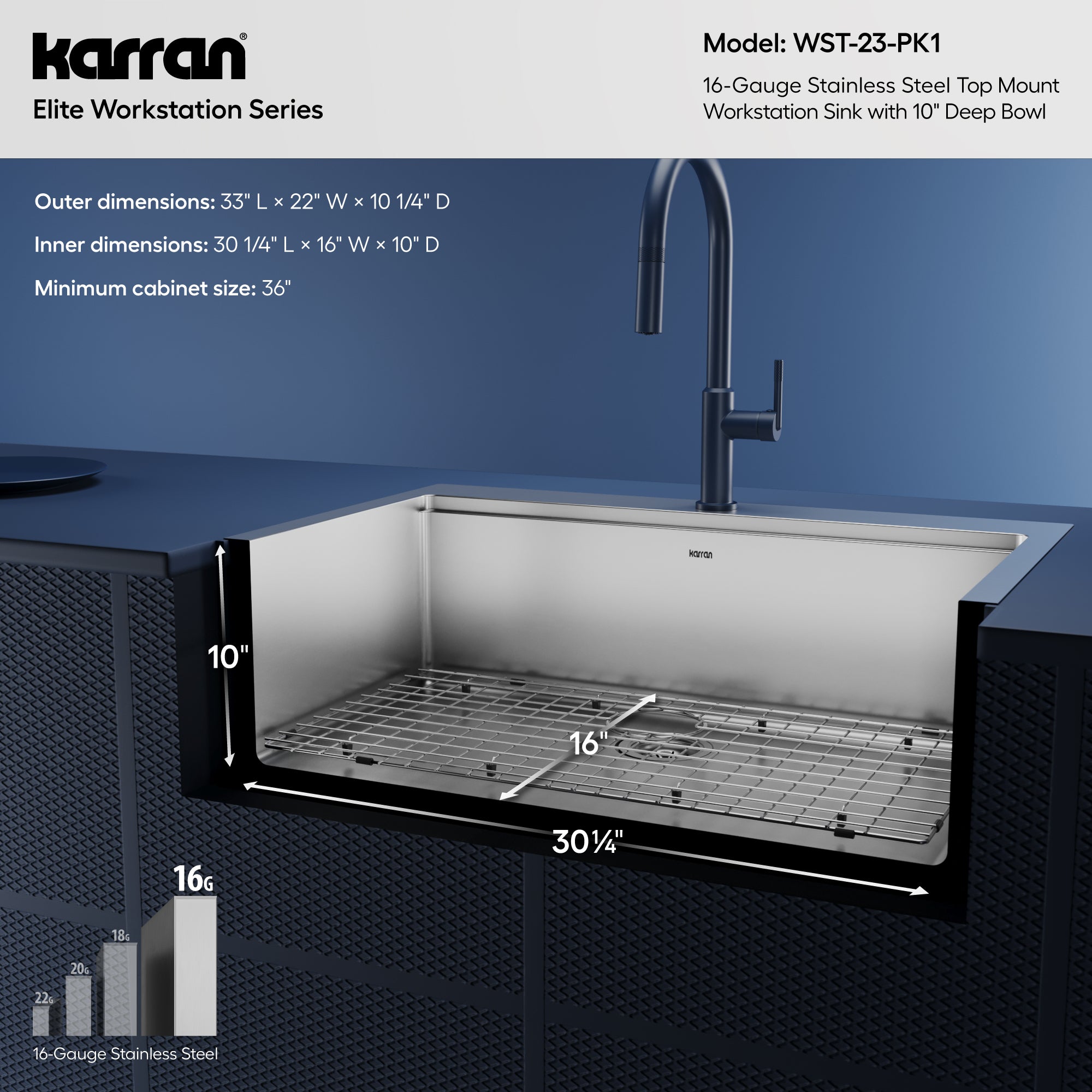 Alternative View of Karran Elite Workstation 33" Drop In/Topmount Stainless Steel Workstation Kitchen Sink with Accessories, 16 Gauge, WST-23-PK1