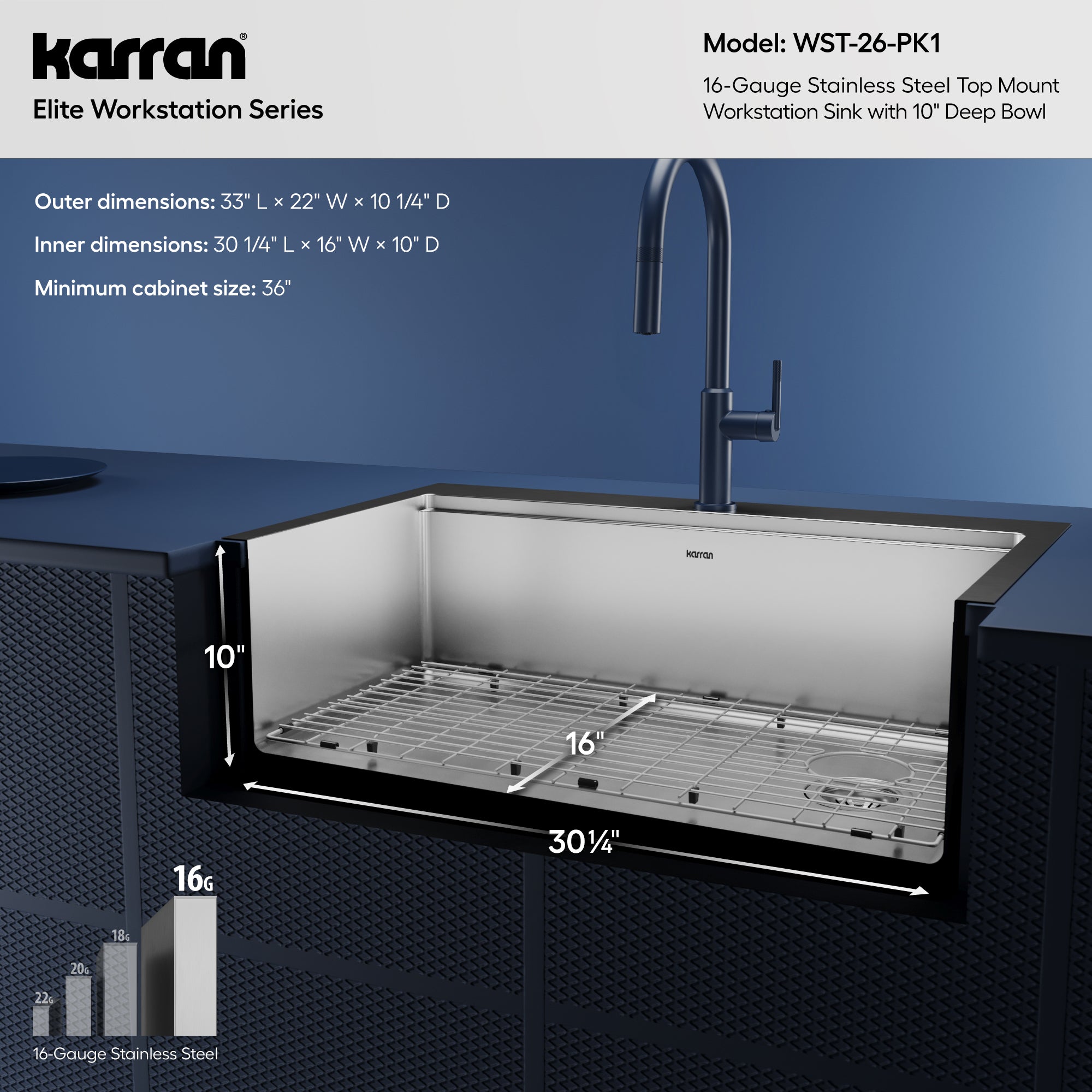 Alternative View of Karran Elite Workstation 33" Drop In/Topmount Stainless Steel Workstation Kitchen Sink with Accessories, 16 Gauge, WST-26-PK1