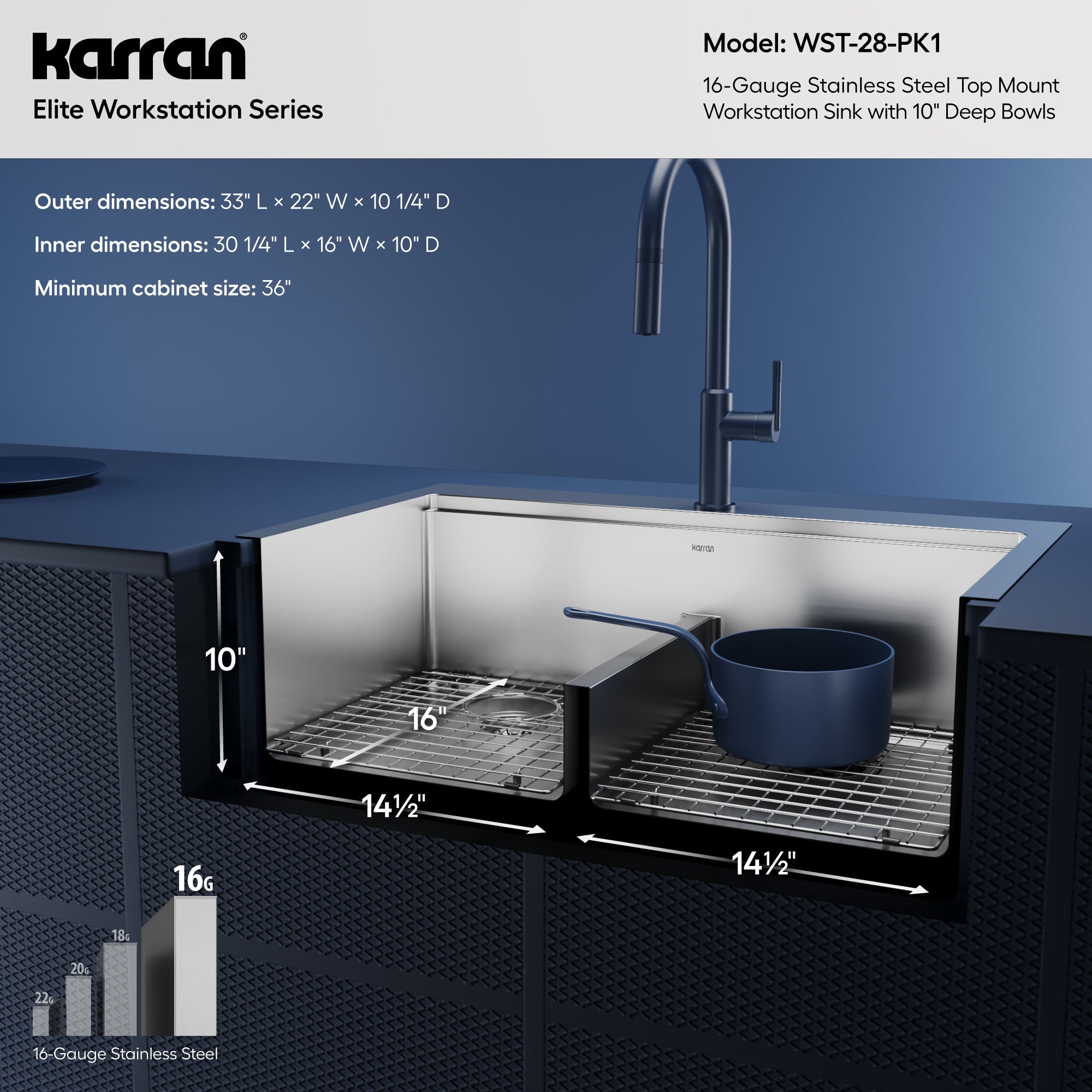 Alternative View of Karran Elite Workstation 33" Drop In/Topmount Stainless Steel Workstation Kitchen Sink with Accessories, 50/50 Double Bowl, 16 Gauge, WST-28-PK1