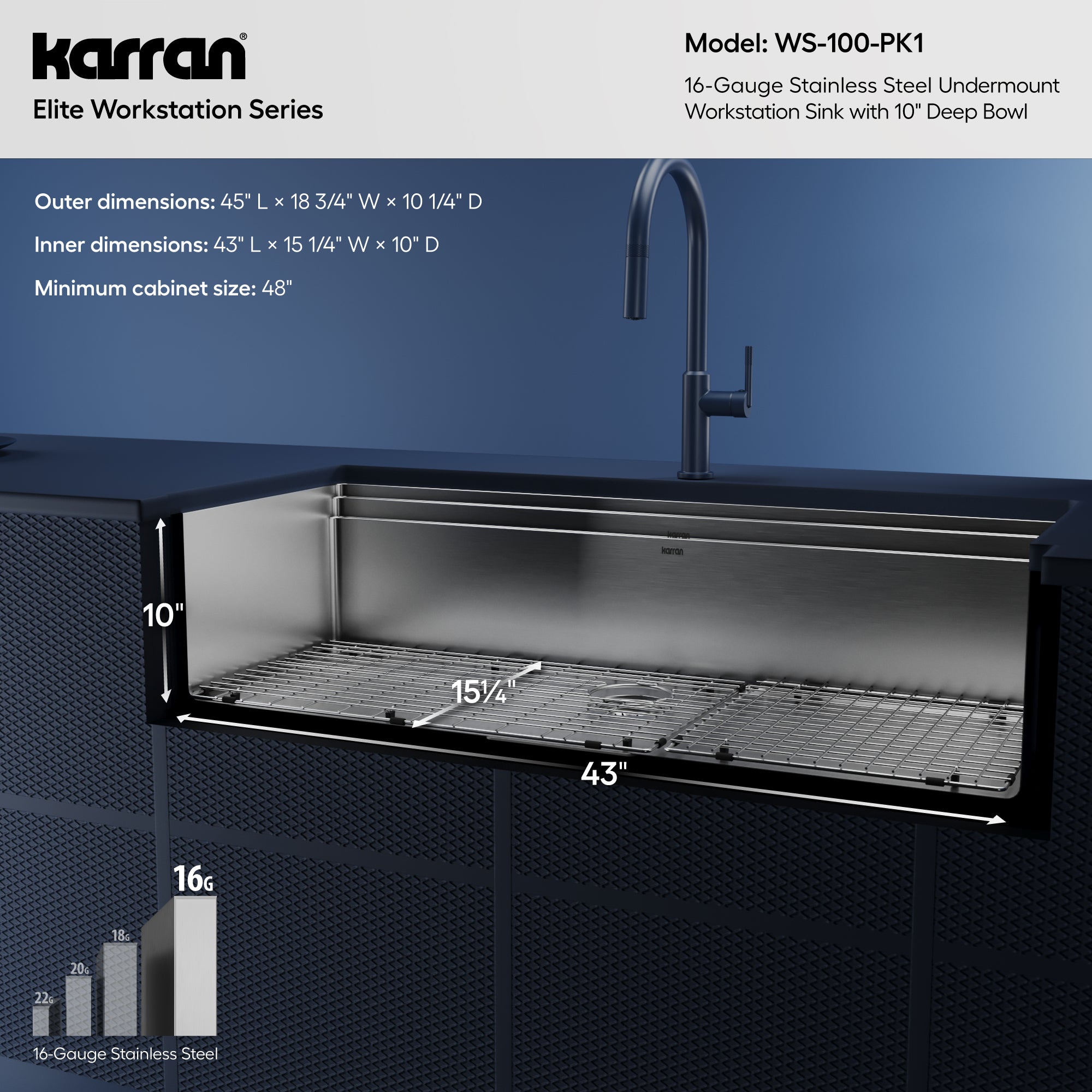 Alternative View of Karran 45" Undermount Stainless Steel Workstation Kitchen Sink with Accessories, 16 Gauge, WS-100-PK1
