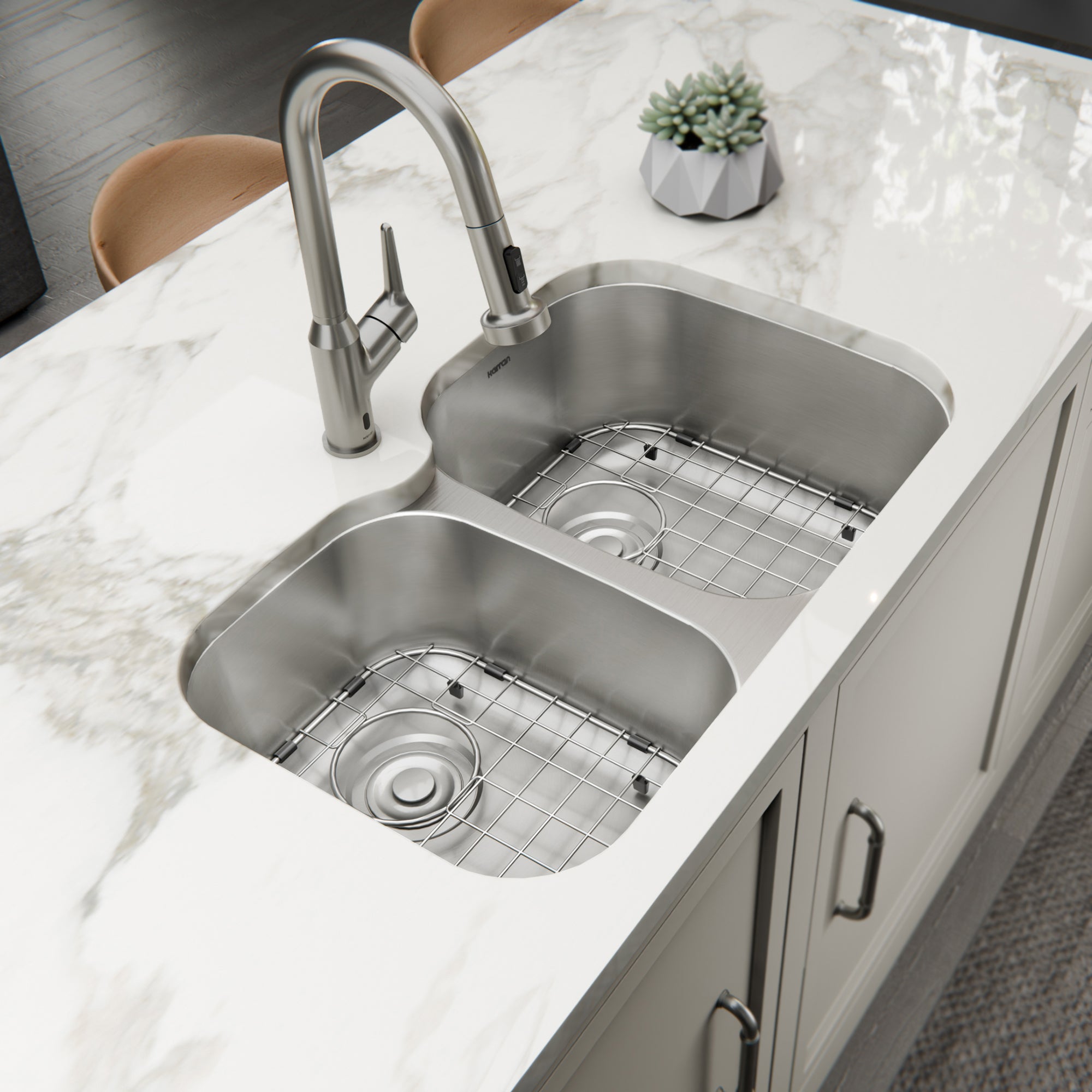 Karran Profile 32" Undermount Stainless Steel Kitchen Sink with Accessories, 40/60 Double Bowl, 18 Gauge, PRU33L-PK1