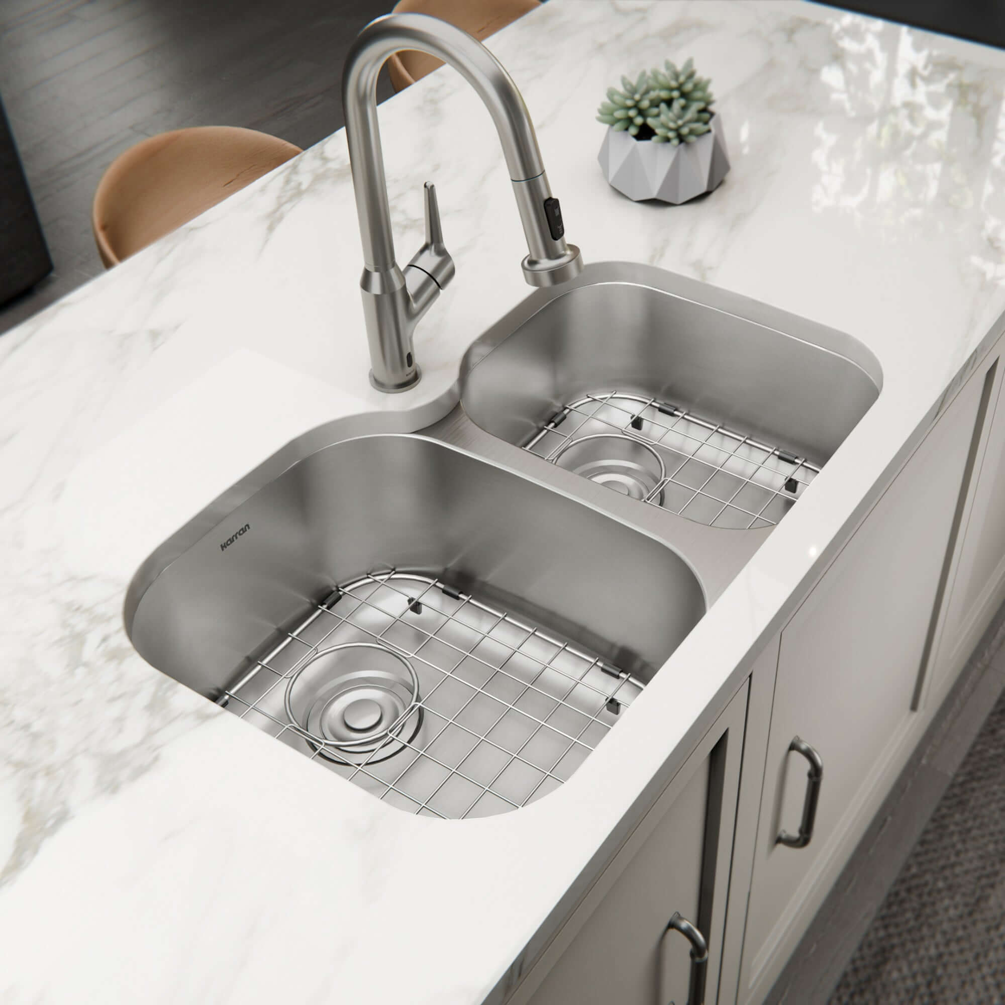 Alternate Image for Karran Profile 32" Undermount Stainless Steel Kitchen Sink with Accessories, 60/40 Double Bowl, 18 Gauge, PRU33R-PK1