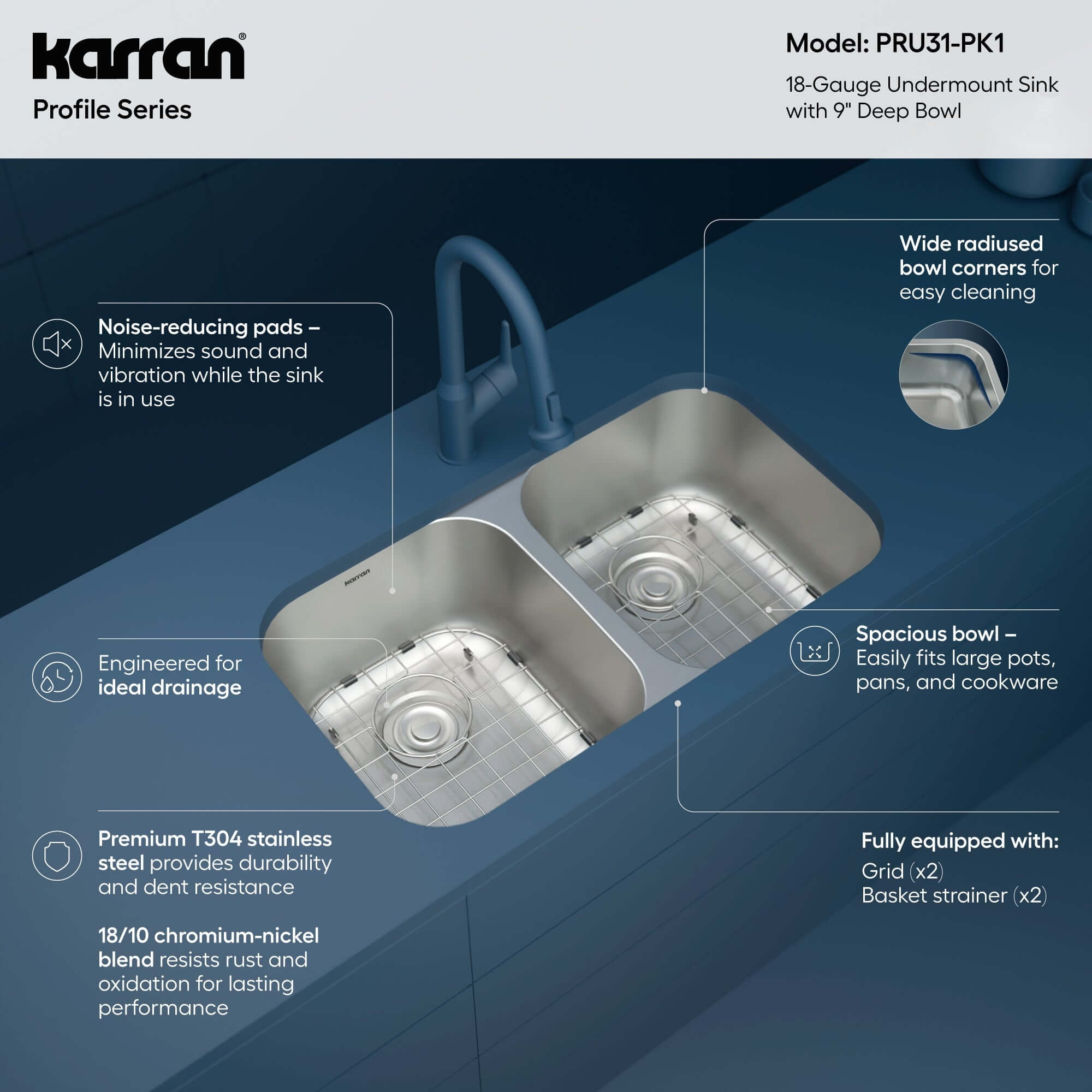 Alternate Image for Karran Profile 32" Undermount Stainless Steel Kitchen Sink with Accessories, 50/50 Double Bowl, 18 Gauge, PRU31-PK1