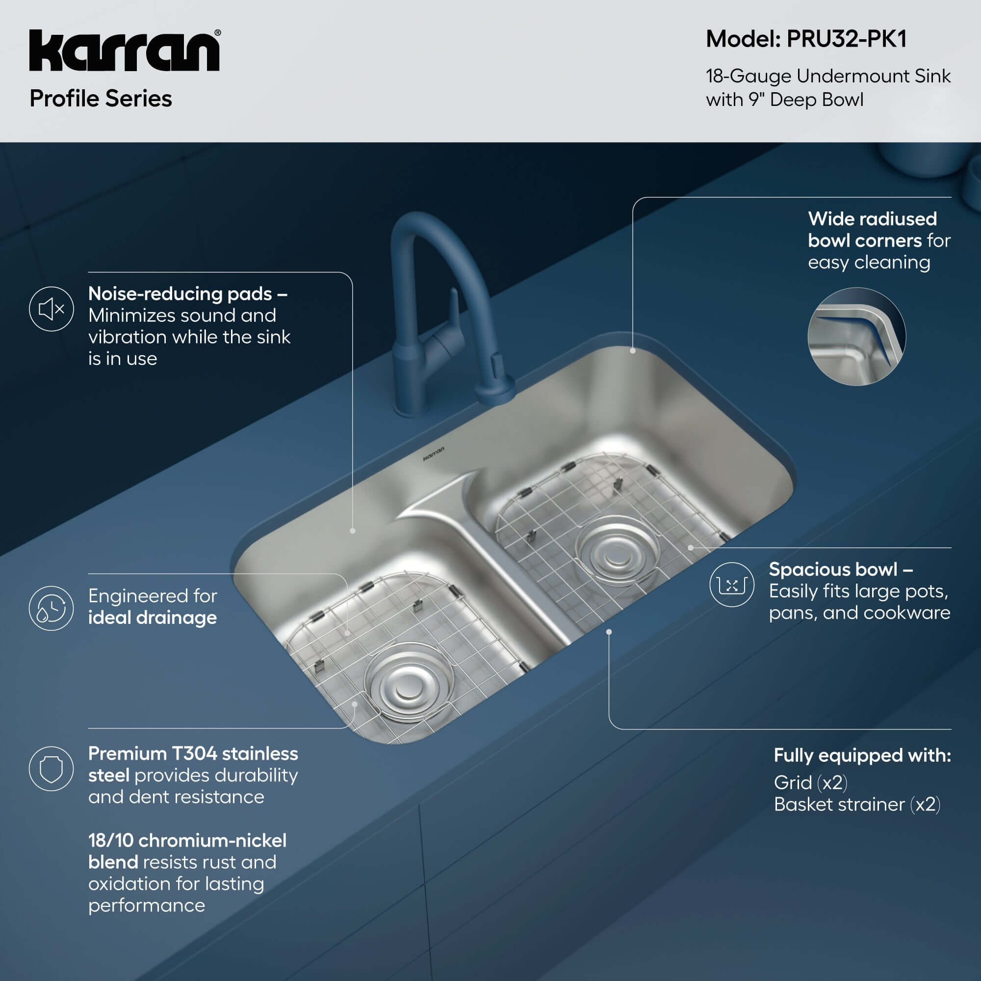 Alternate Image for Karran Profile 32" Undermount Stainless Steel Kitchen Sink with Accessories, 50/50 Double Bowl, 18 Gauge, PRU32-PK1