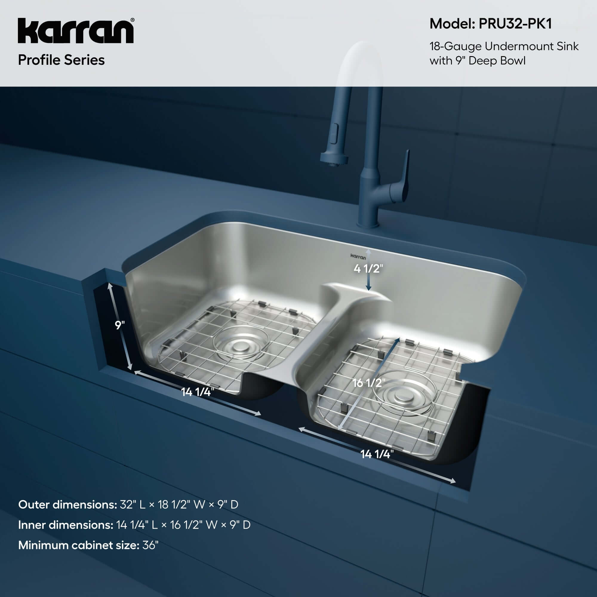 Alternate Image for Karran Profile 32" Undermount Stainless Steel Kitchen Sink with Accessories, 50/50 Double Bowl, 18 Gauge, PRU32-PK1