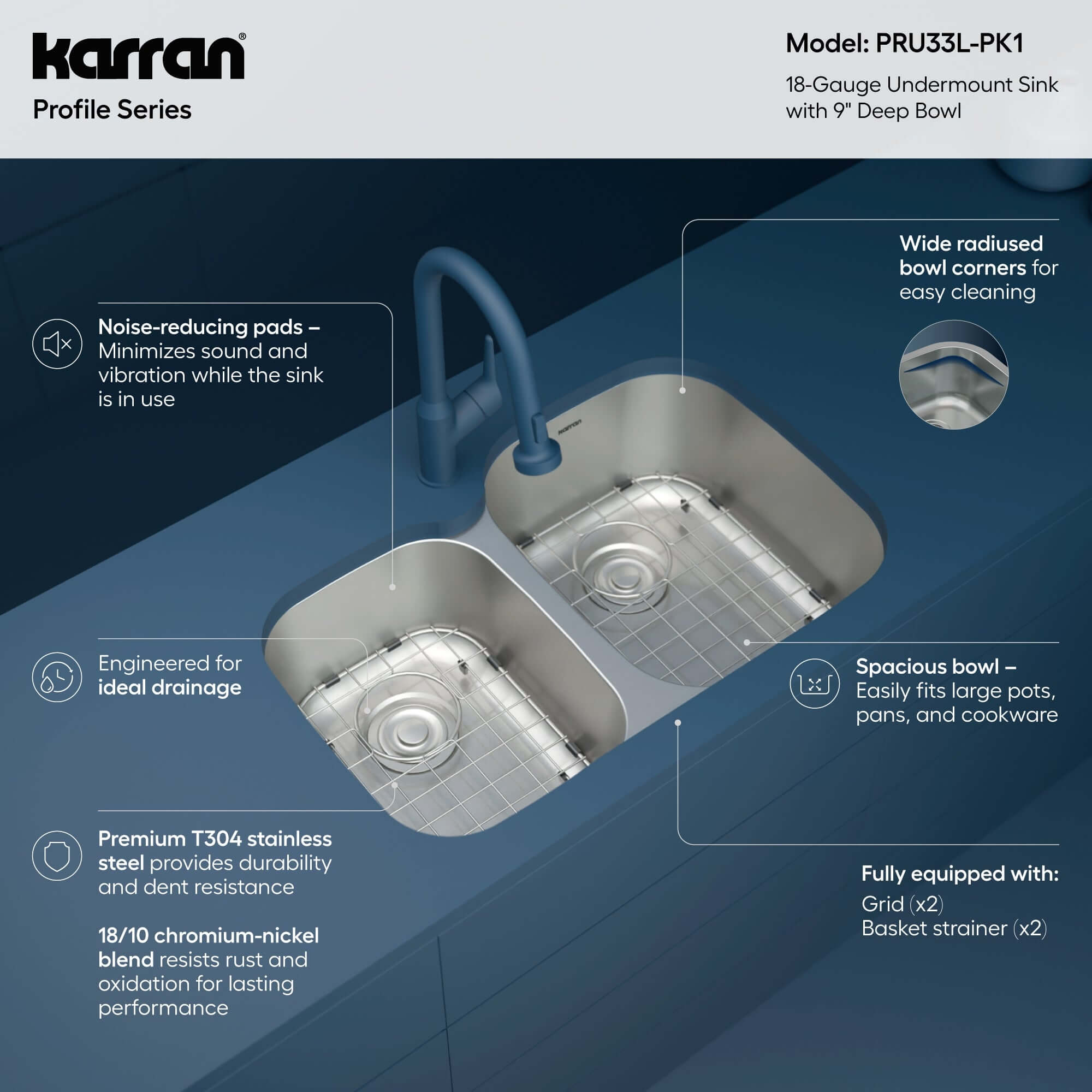 Alternate Image for Karran Profile 32" Undermount Stainless Steel Kitchen Sink with Accessories, 40/60 Double Bowl, 18 Gauge, PRU33L-PK1