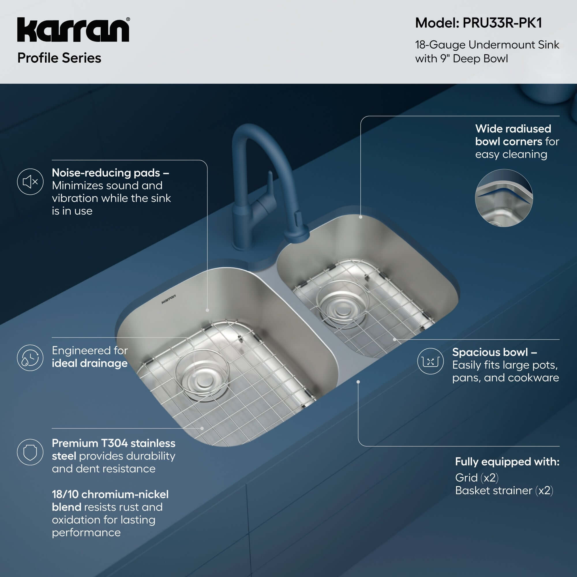 Alternate Image for Karran Profile 32" Undermount Stainless Steel Kitchen Sink with Accessories, 60/40 Double Bowl, 18 Gauge, PRU33R-PK1