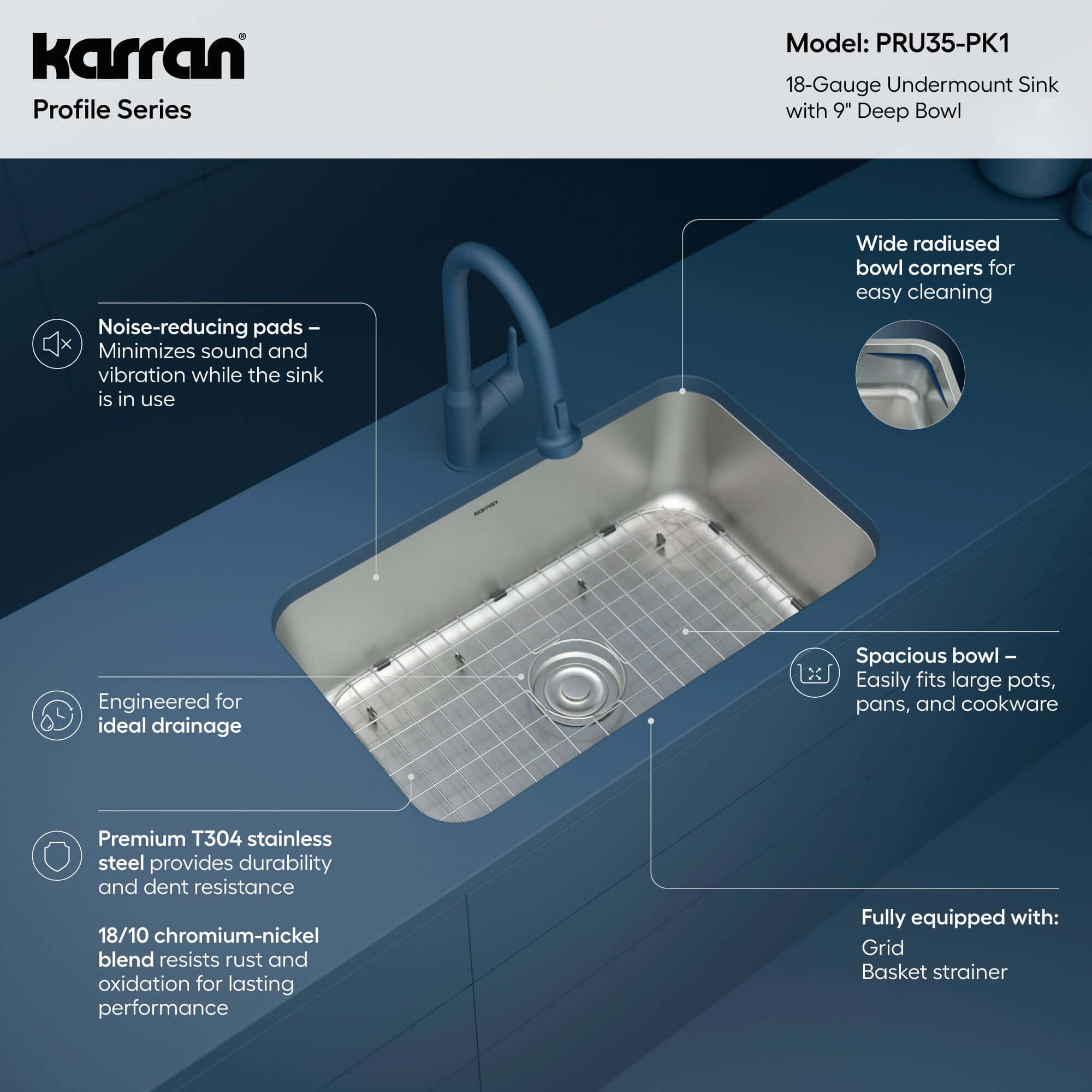 Alternate Image for Karran Profile 30" Undermount Stainless Steel Kitchen Sink with Accessories, 18 Gauge, PRU35-PK1