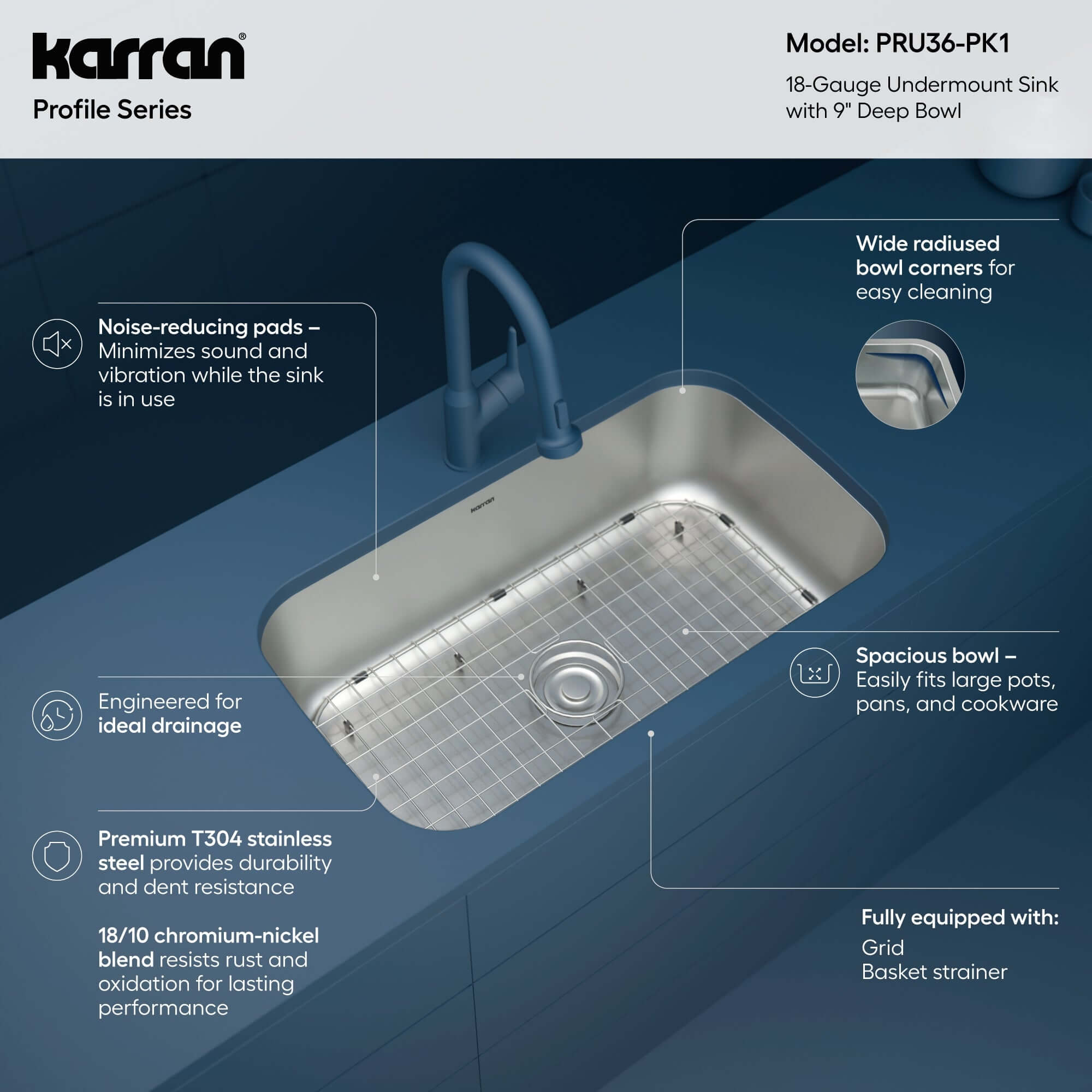 Alternate Image for Karran Profile 32" Undermount Stainless Steel Kitchen Sink with Accessories, 18 Gauge, PRU36-PK1