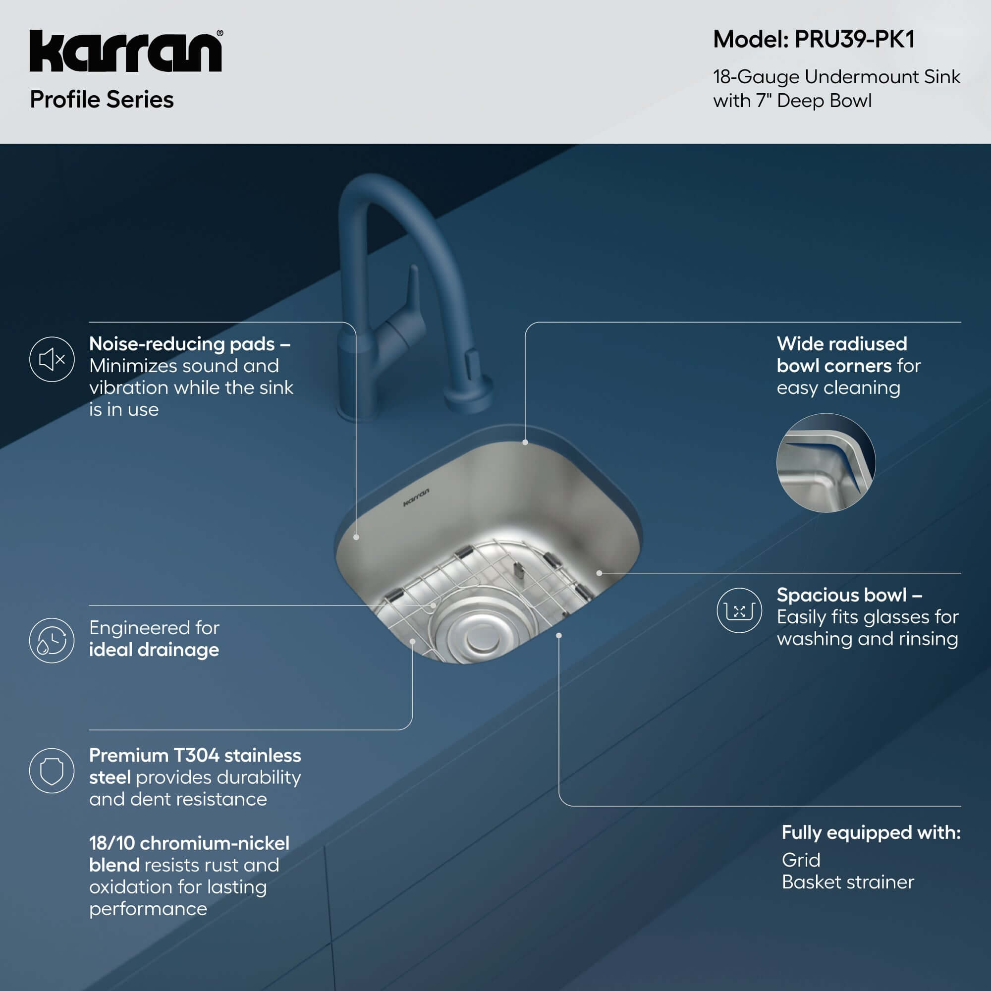 Alternate Image for Karran Profile 15" Undermount Stainless Steel Kitchen Sink with Accessories, 18 Gauge, PRU39-PK1