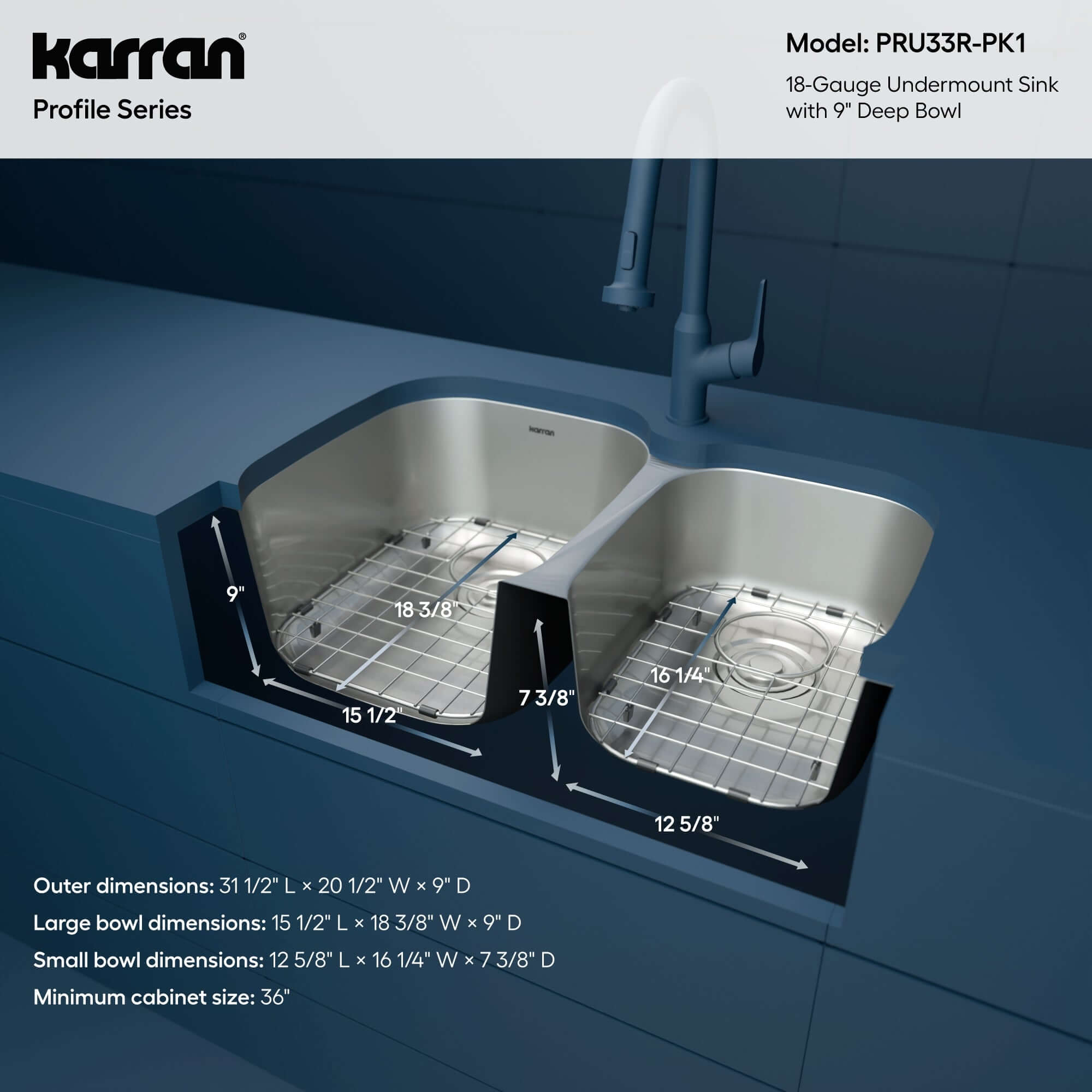 Alternate Image for Karran Profile 32" Undermount Stainless Steel Kitchen Sink with Accessories, 60/40 Double Bowl, 18 Gauge, PRU33R-PK1