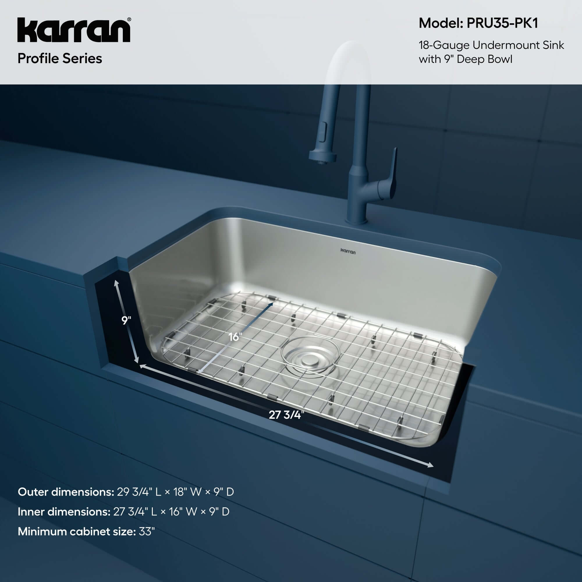 Alternate Image for Karran Profile 30" Undermount Stainless Steel Kitchen Sink with Accessories, 18 Gauge, PRU35-PK1