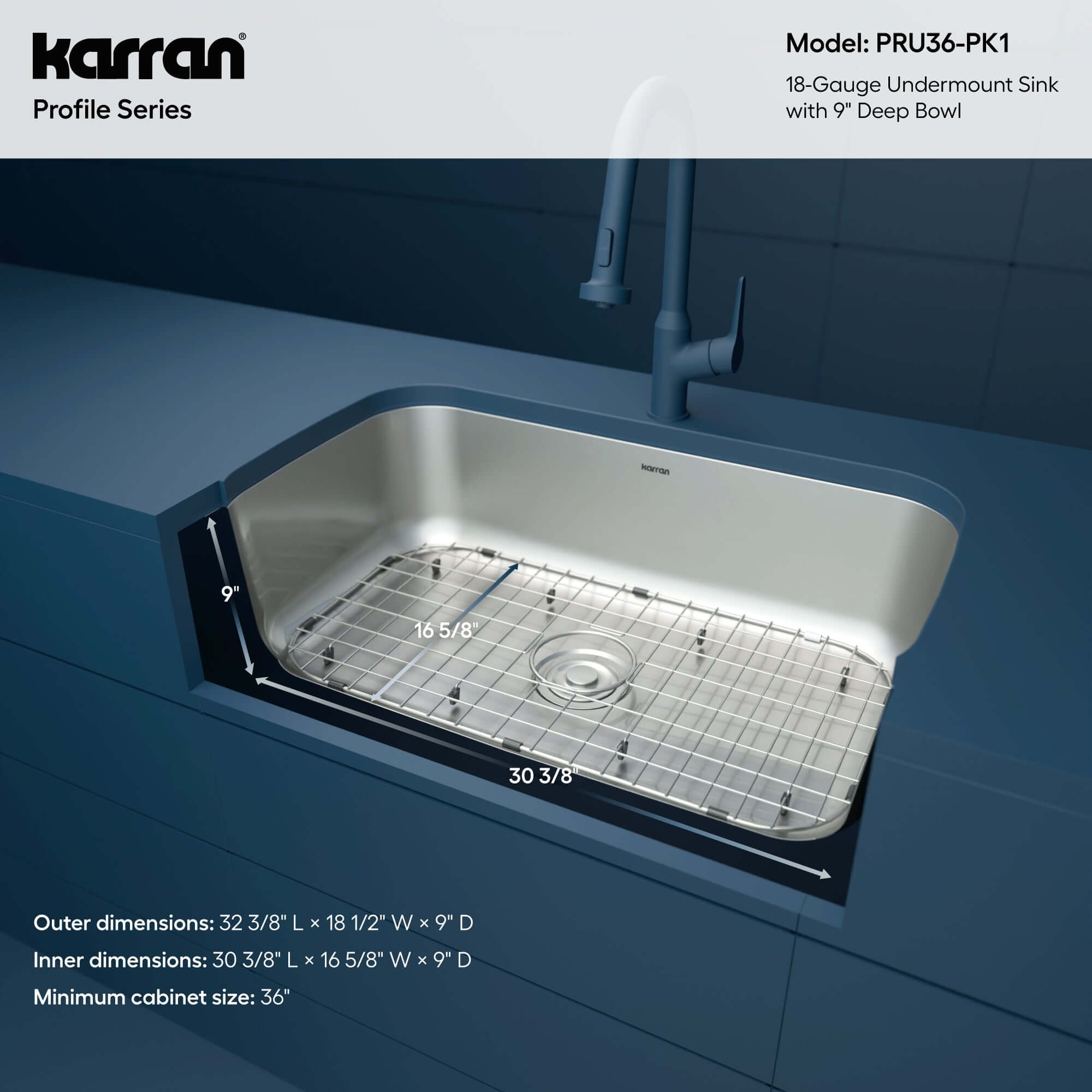 Alternate Image for Karran Profile 32" Undermount Stainless Steel Kitchen Sink with Accessories, 18 Gauge, PRU36-PK1