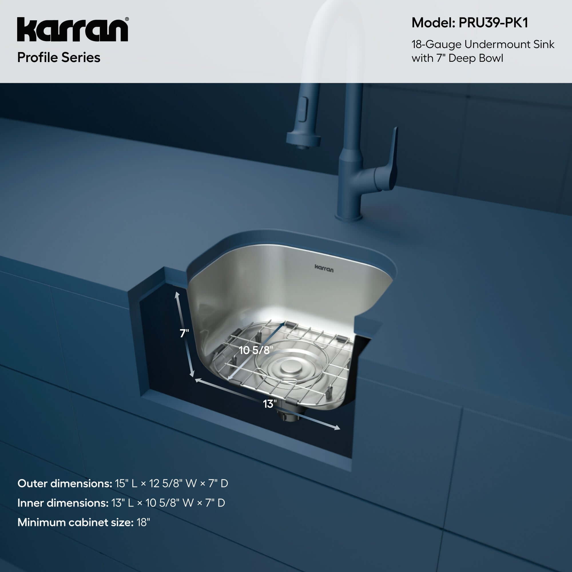 Alternate Image for Karran Profile 15" Undermount Stainless Steel Kitchen Sink with Accessories, 18 Gauge, PRU39-PK1