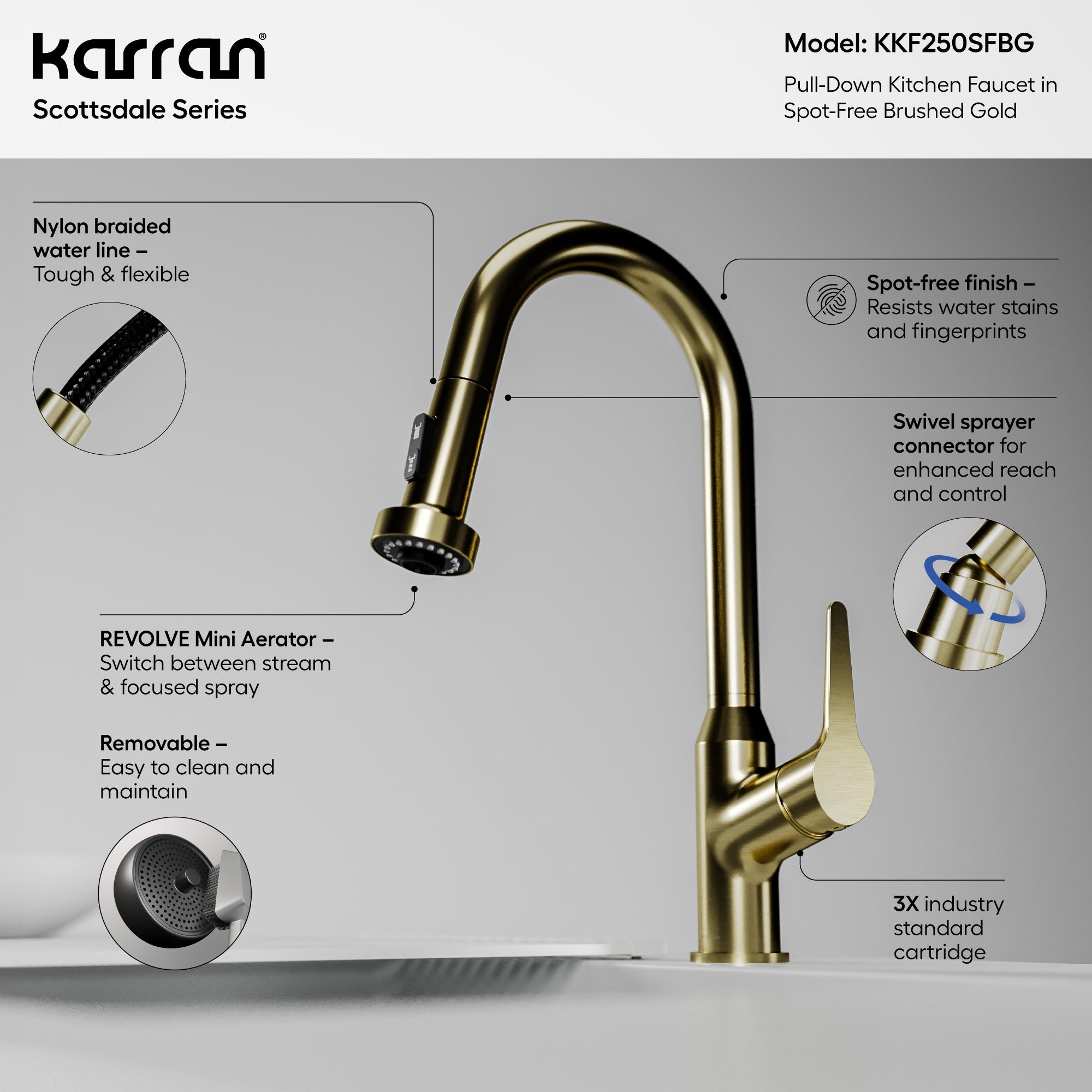 Alternate Image for Karran Scottsdale 1.8 GPM Single Lever Handle Lead-free Brass ADA Kitchen Faucet, Pull-Down, Spot-Free Brushed Gold, KKF250SFBG
