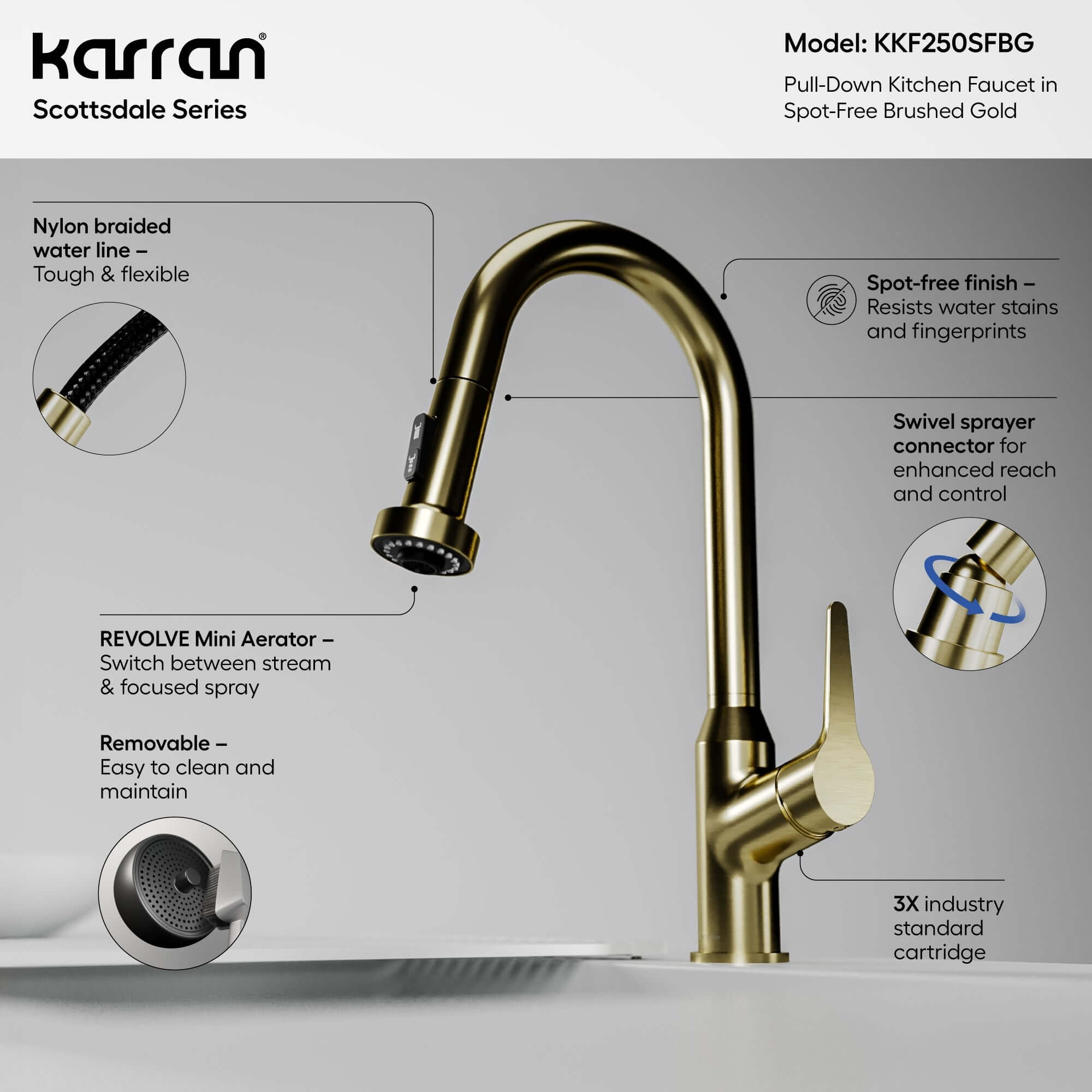 Alternate Image for Karran Scottsdale 1.8 GPM Single Lever Handle Lead-free Brass ADA Kitchen Faucet, Pull-Down, Spot-Free Brushed Gold, KKF250SFBG
