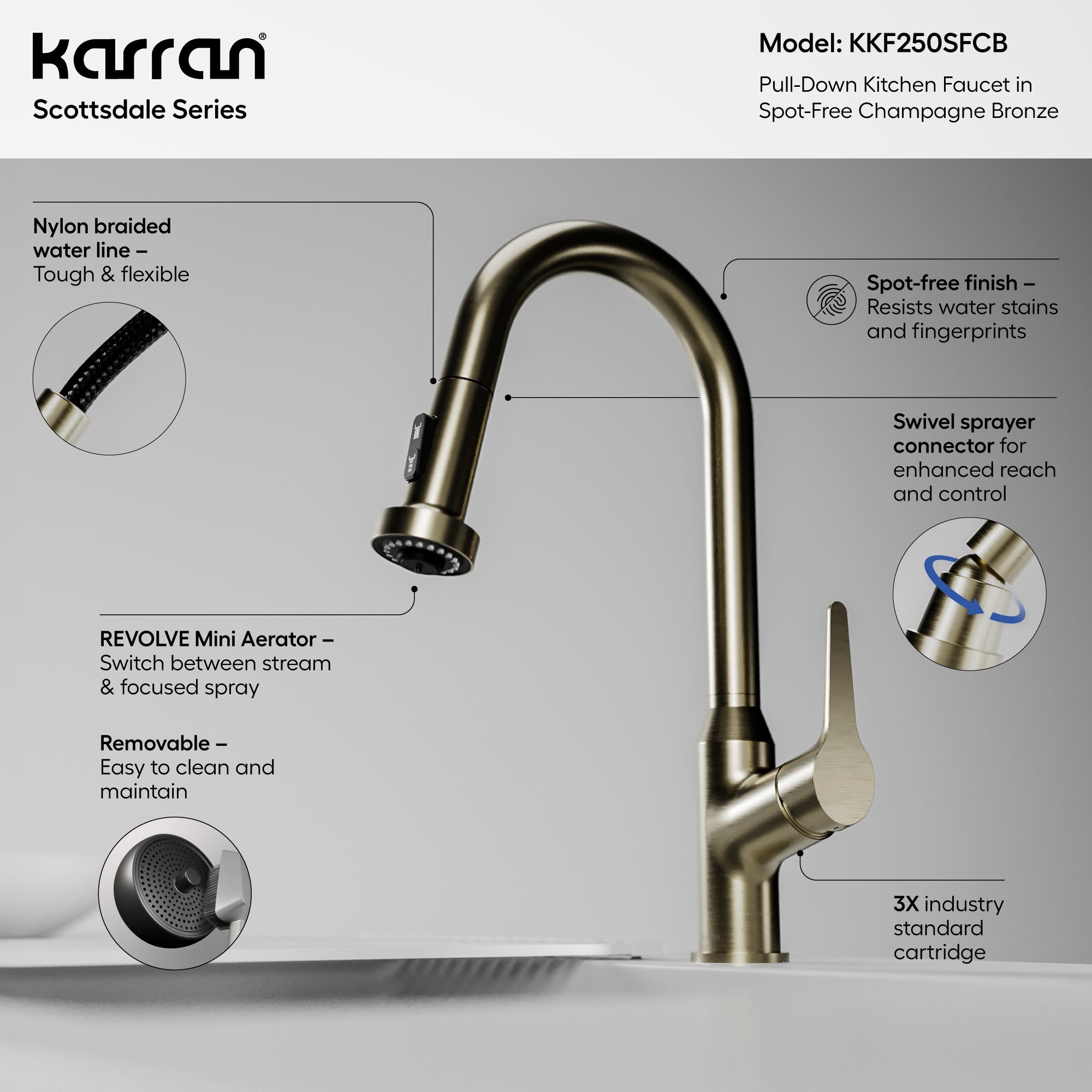 Alternate Image for Karran Scottsdale 1.8 GPM Single Lever Handle Lead-free Brass ADA Kitchen Faucet, Pull-Down, Spot-Free Champagne Bronze, KKF250SFCB