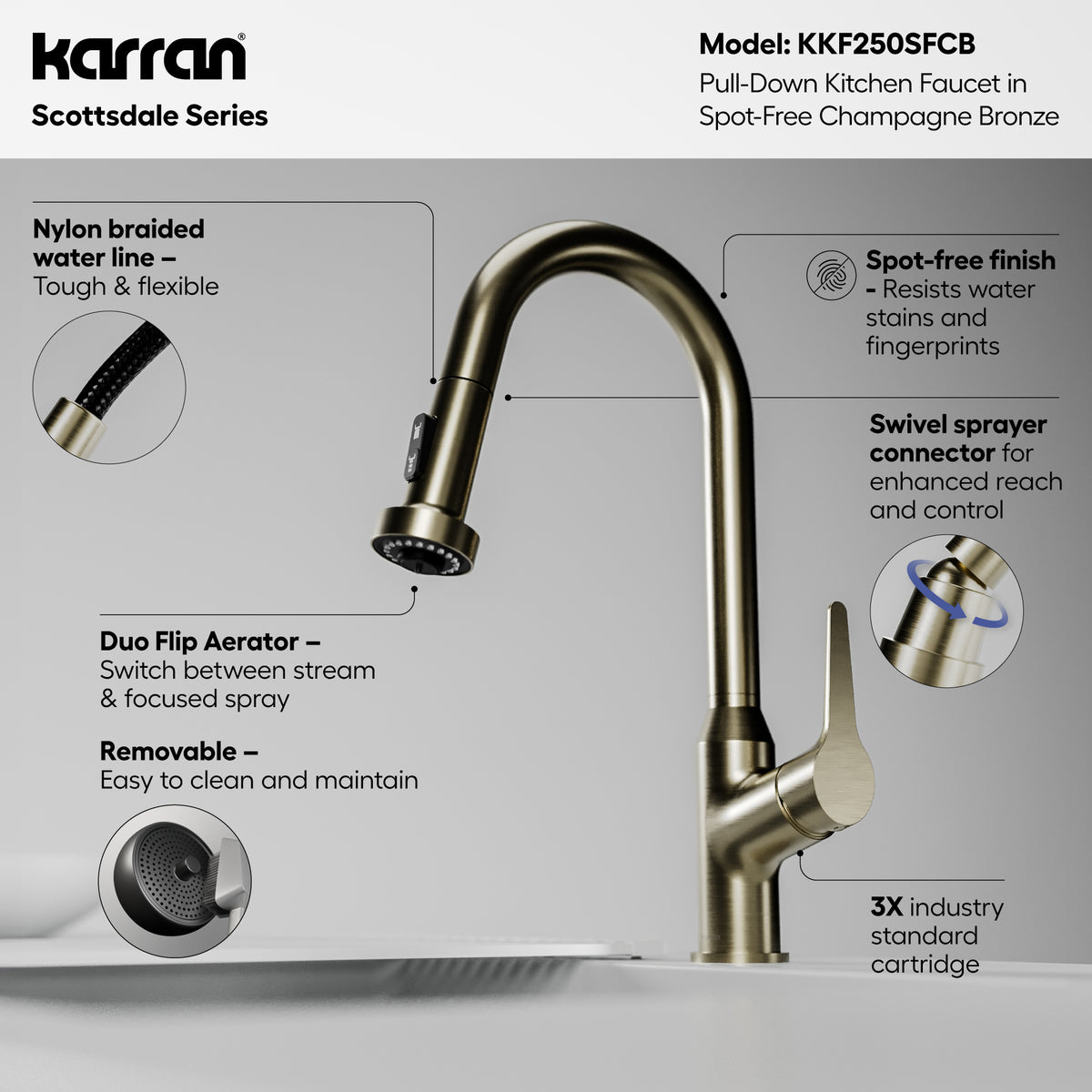 Alternative View of Karran Scottsdale 1.8 GPM Single Lever Handle Lead-free Brass ADA Kitchen Faucet, Pull-Down, Spot-Free Champagne Bronze, KKF250SFCB