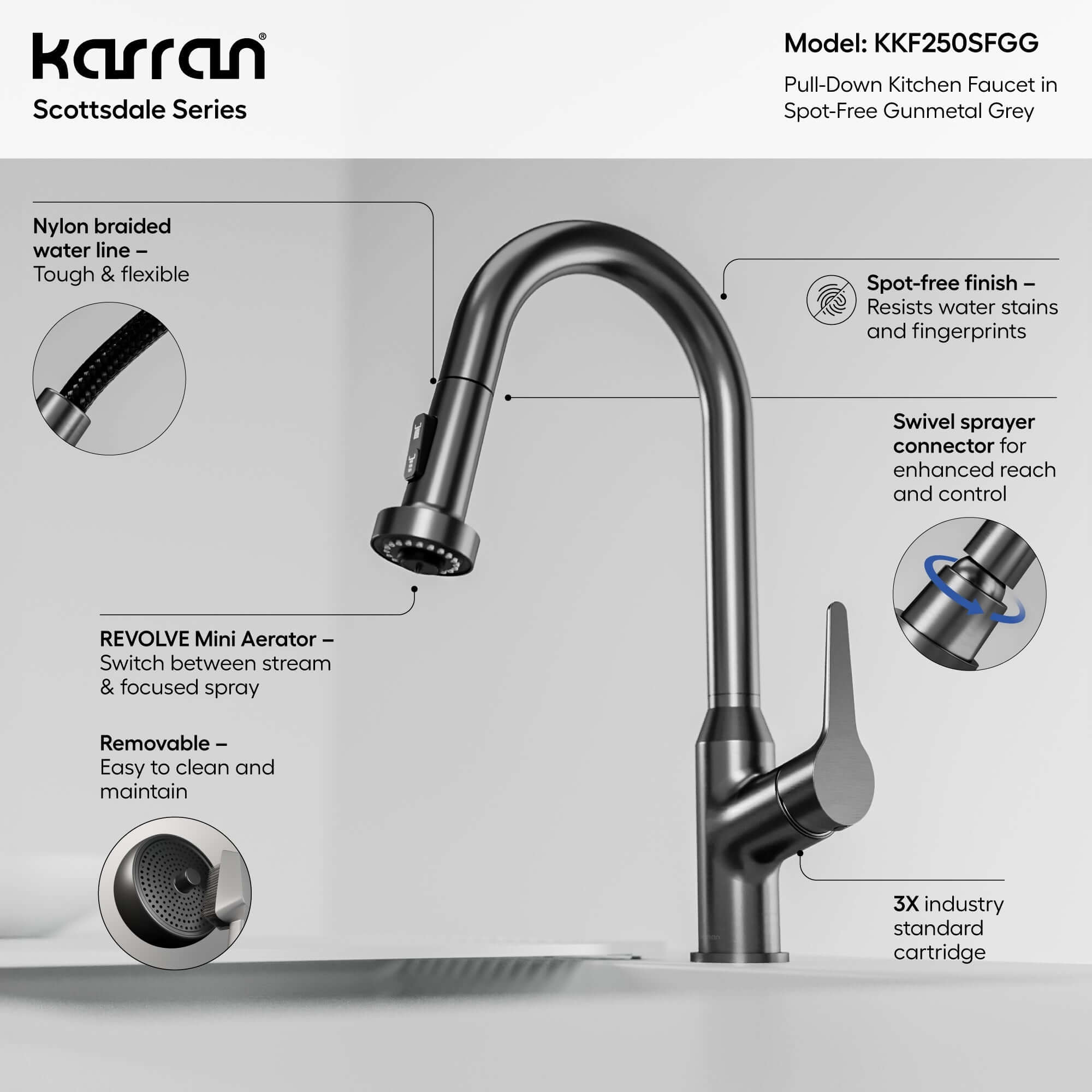 Alternate Image for Karran Scottsdale 1.8 GPM Single Lever Handle Lead-free Brass ADA Kitchen Faucet, Pull-Down, Spot-Free Gunmetal Grey, KKF250SFGG