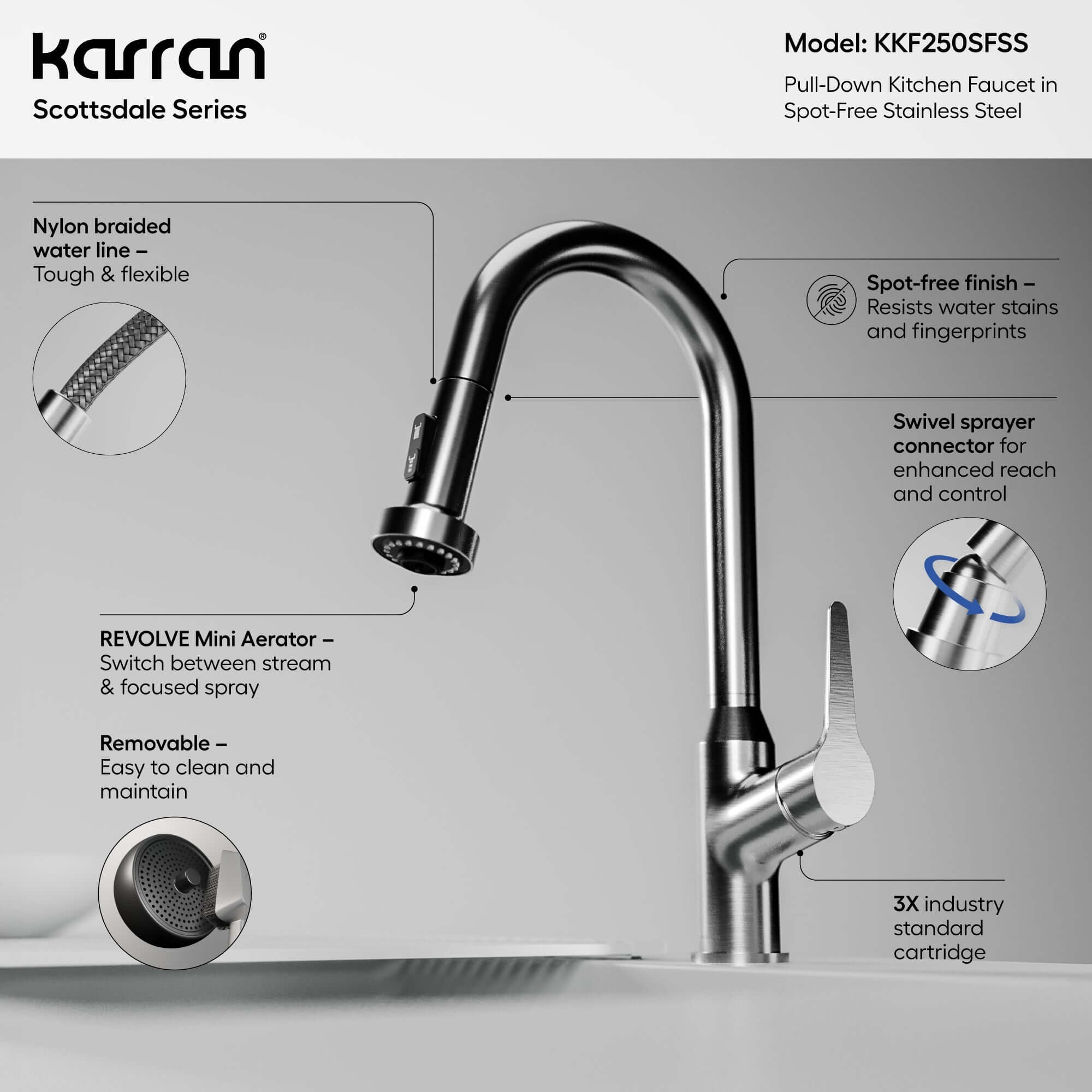 Alternate Image for Karran Scottsdale 1.8 GPM Single Lever Handle Lead-free Brass ADA Kitchen Faucet, Pull-Down, Spot Free Stainless Steel, KKF250SFSS
