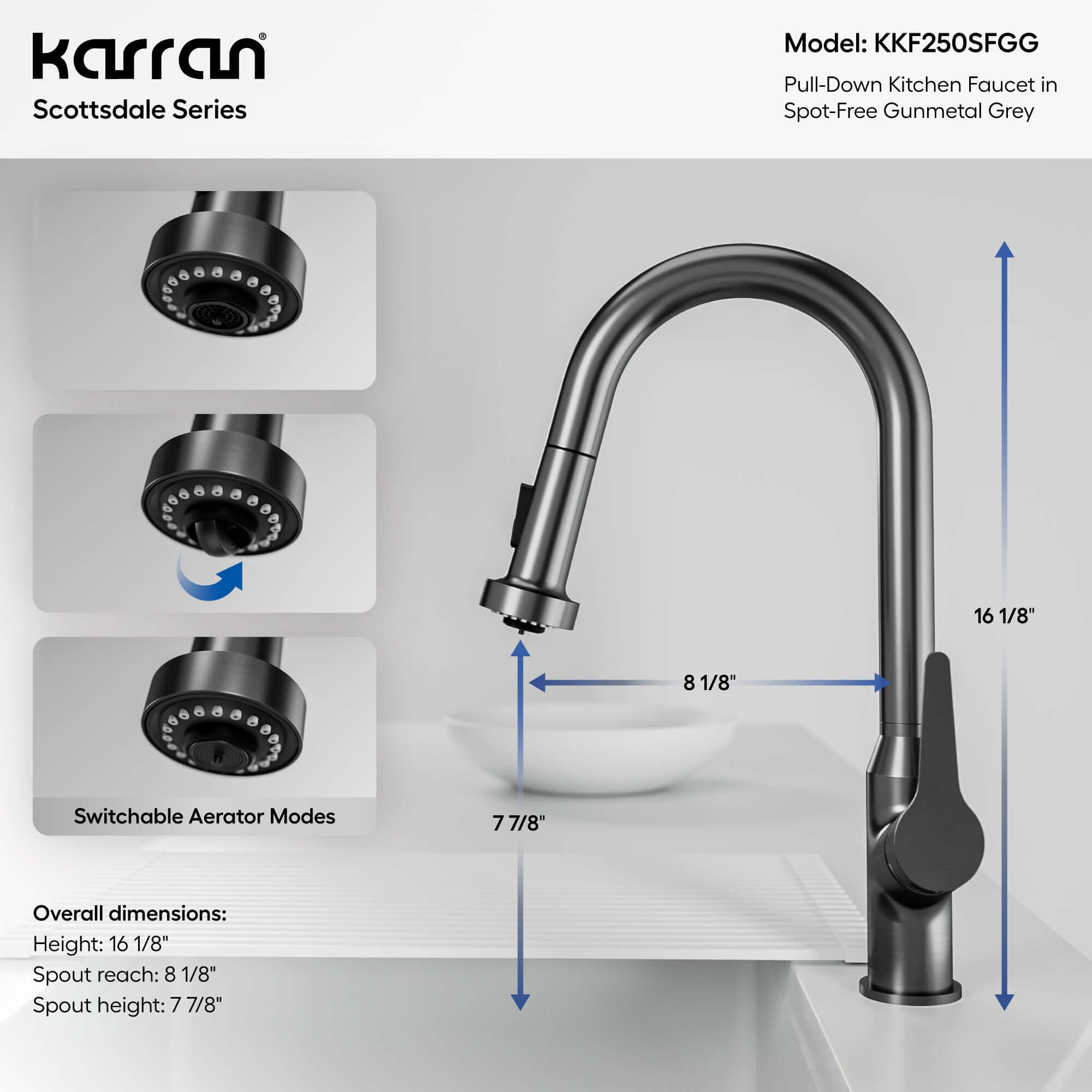 Alternate Image for Karran Scottsdale 1.8 GPM Single Lever Handle Lead-free Brass ADA Kitchen Faucet, Pull-Down, Spot-Free Gunmetal Grey, KKF250SFGG