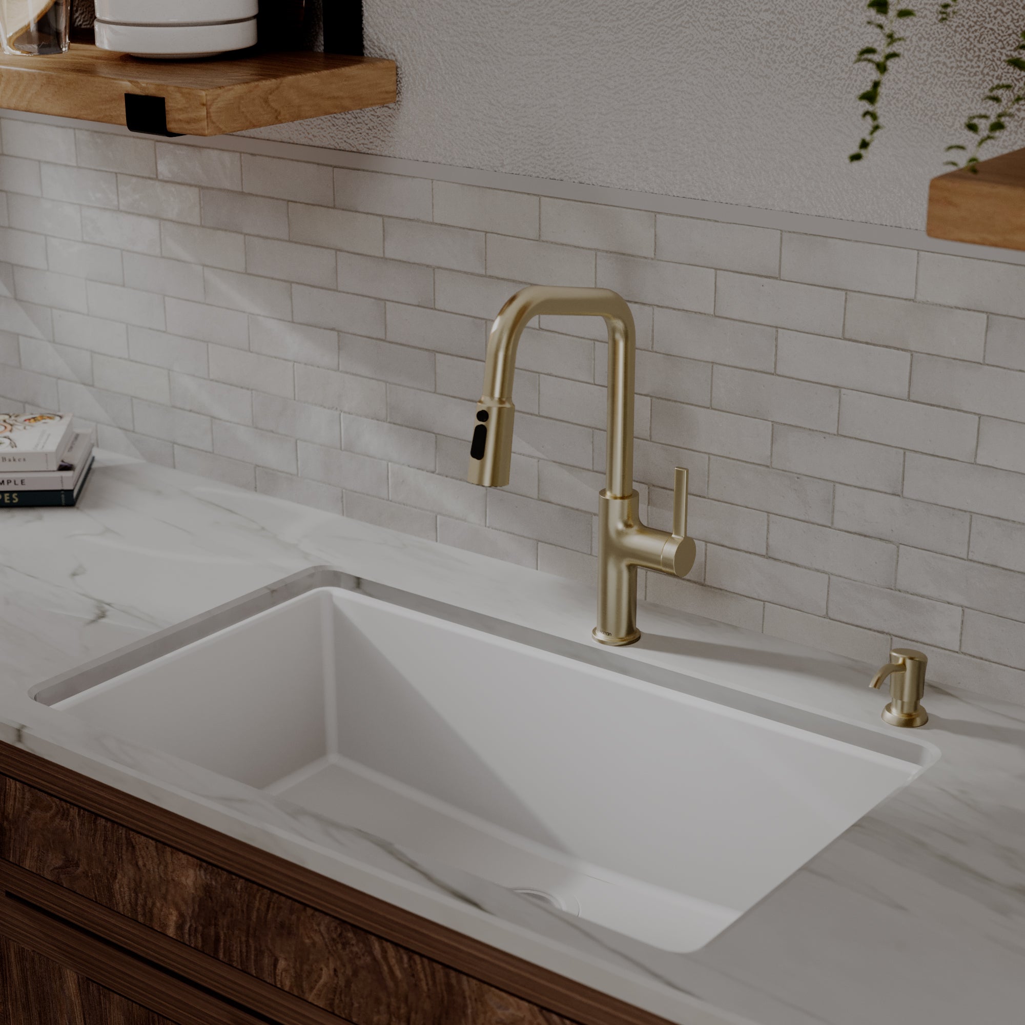 Karran Stalbridge 1.8 GPM Single Lever Lead-free Brass ADA Kitchen Faucet, Pull-Down, Spot-Free Champagne Bronze, KKF710SFCB