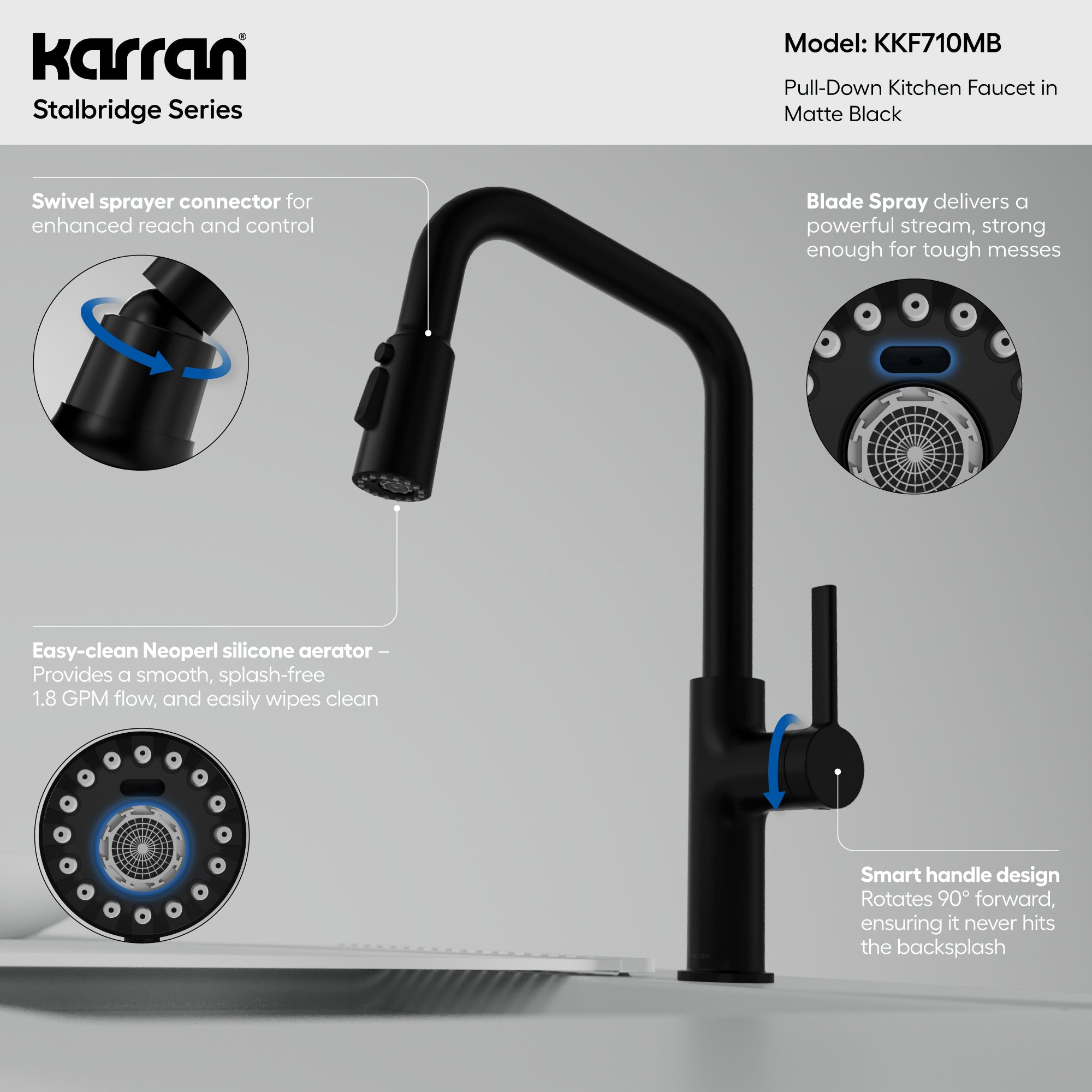 Karran Stalbridge 1.8 GPM Single Lever Lead-free Brass ADA Kitchen Faucet, Pull-Down, Matte Black, KKF710MB