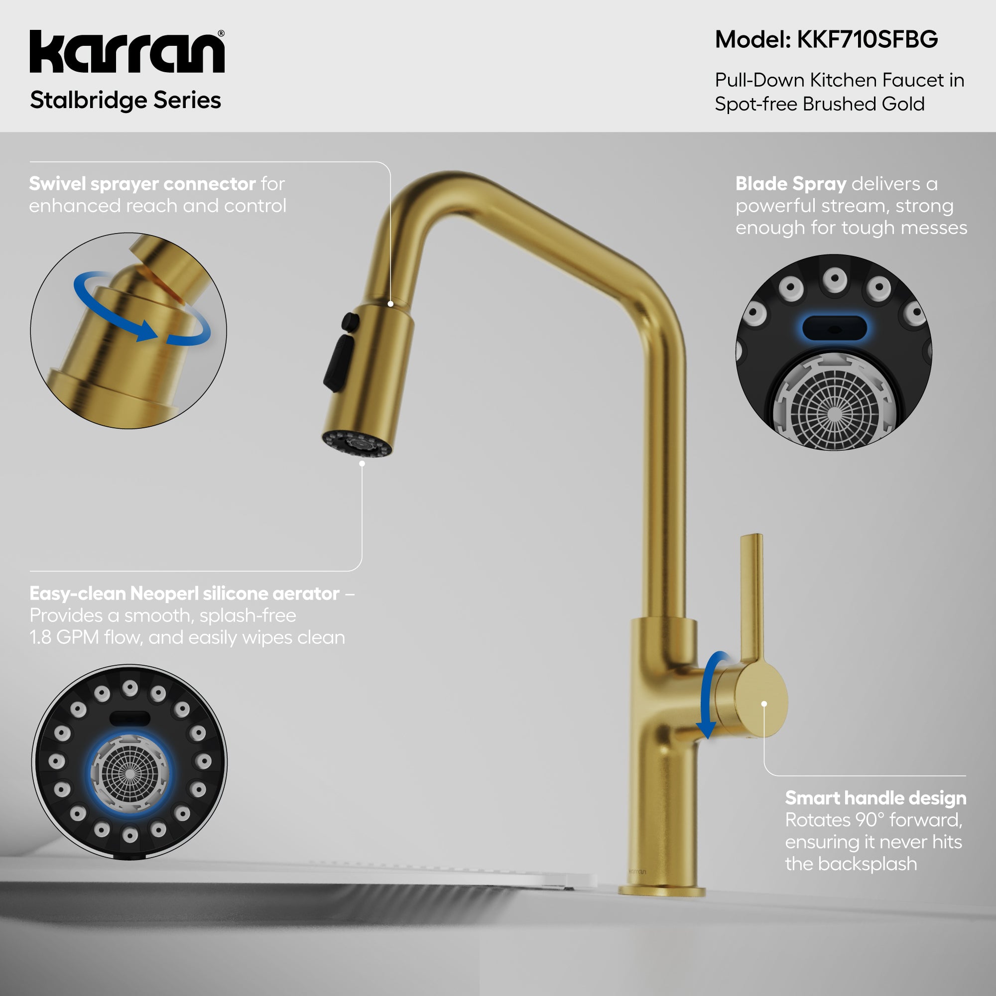 Karran Stalbridge 1.8 GPM Single Lever Lead-free Brass ADA Kitchen Faucet, Pull-Down, Spot-Free Brushed Gold, KKF710SFBG