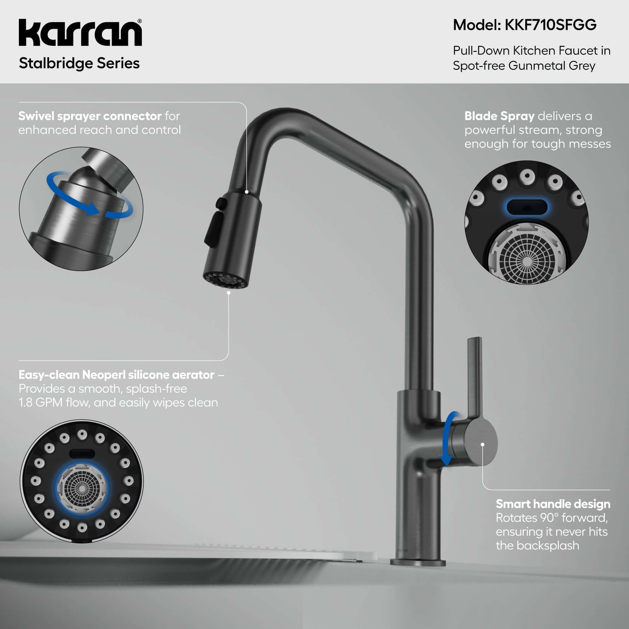 Karran Stalbridge 1.8 GPM Single Lever Lead-free Brass ADA Kitchen Faucet, Pull-Down, Spot-Free Gunmetal Grey, KKF710SFGG