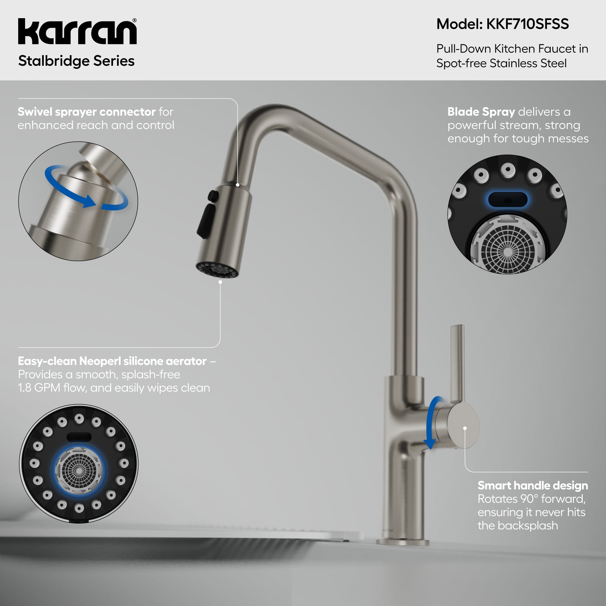 Karran Stalbridge 1.8 GPM Single Lever Lead-free Brass ADA Kitchen Faucet, Pull-Down, Spot Free Stainless Steel, KKF710SFSS
