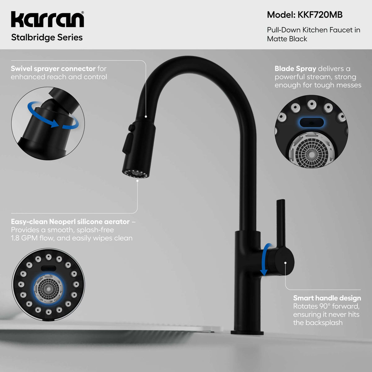 Karran Stalbridge 1.8 GPM Single Lever Lead-free Brass ADA Kitchen Faucet, Pull-Down, Matte Black, KKF720MB